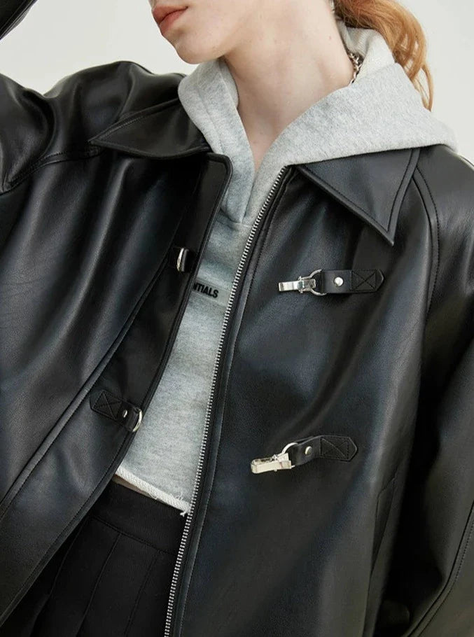 Leder umschaltet Zip Jacke schwarz