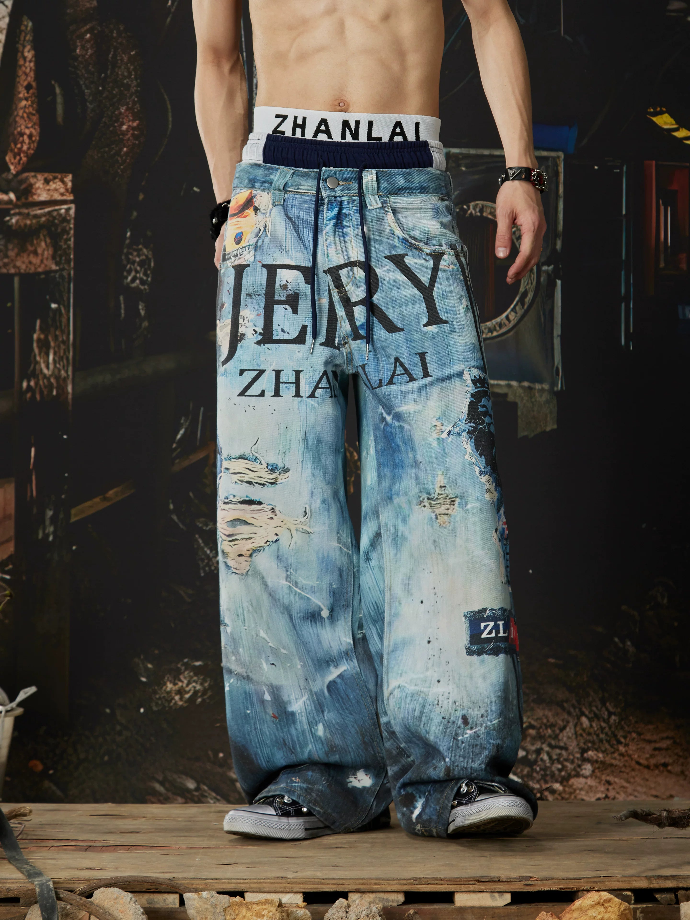 Distressed Ocean-Wash Jogger Jeans