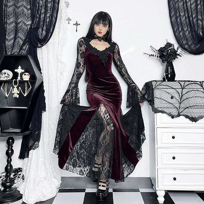 Robe sirène en velours gothique wannathis - robe de plancher en dentelle à manches longues avec collier élevé
