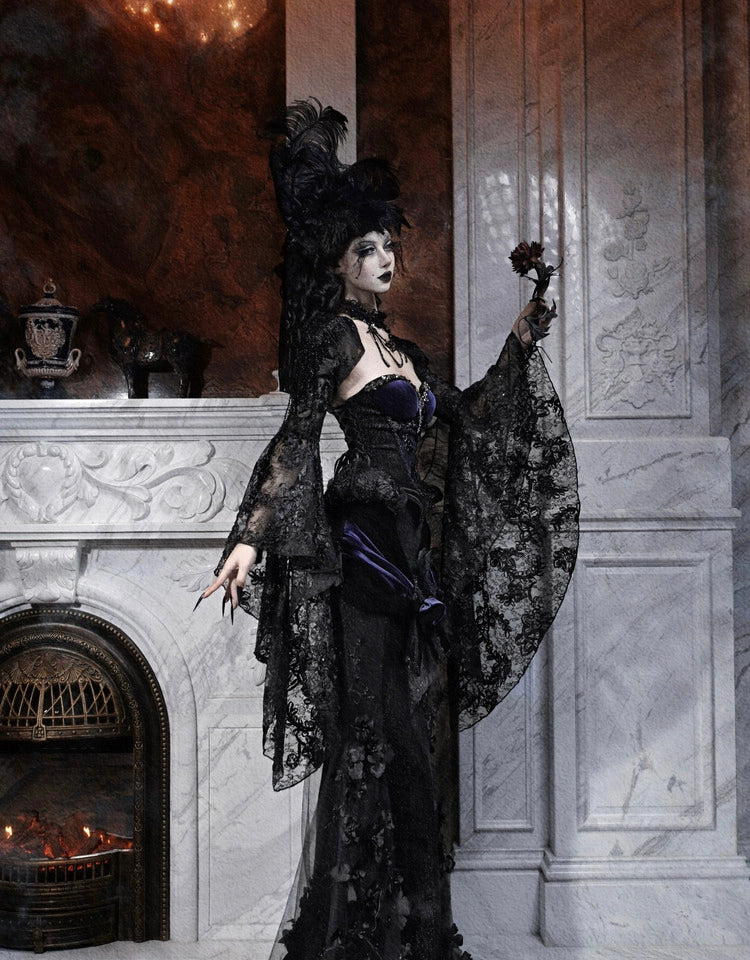 Gothic Midnight Blue Corset with Dramatic Ruffled Hip Details