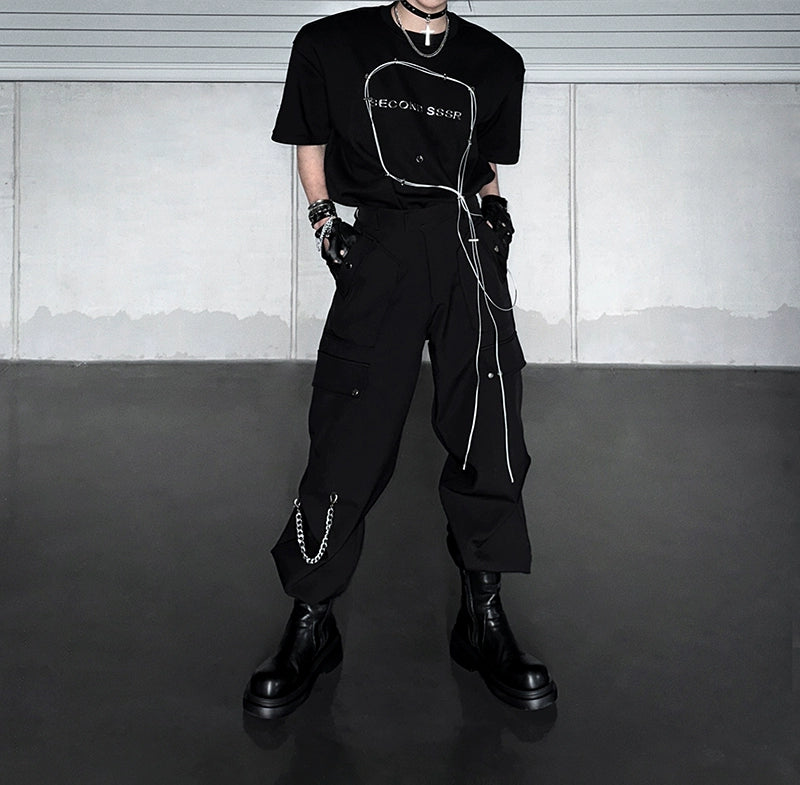 Black Techwear Cargo Pants with Chain