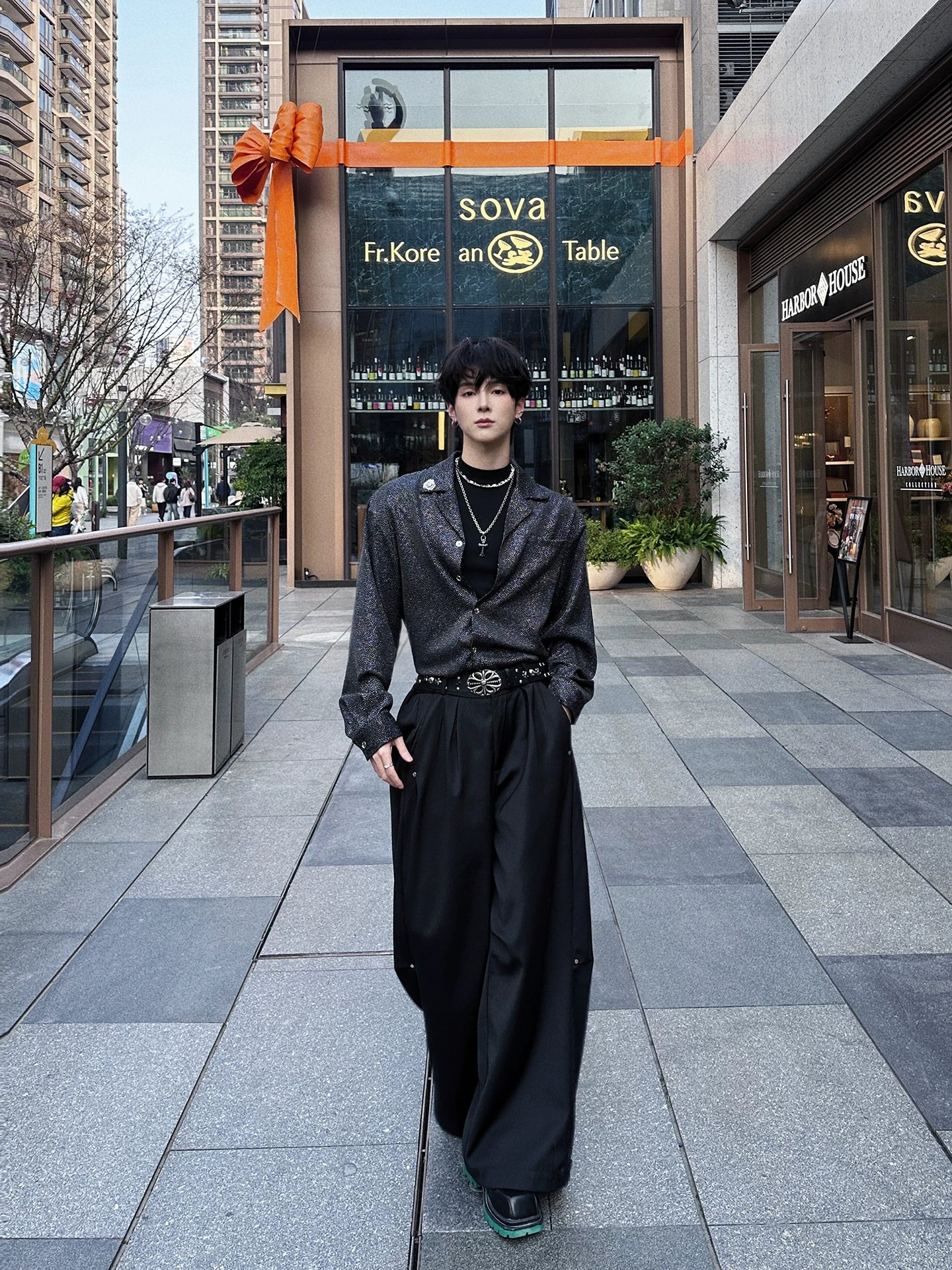 Starlit Static Shadow-Speck Satin Shirt