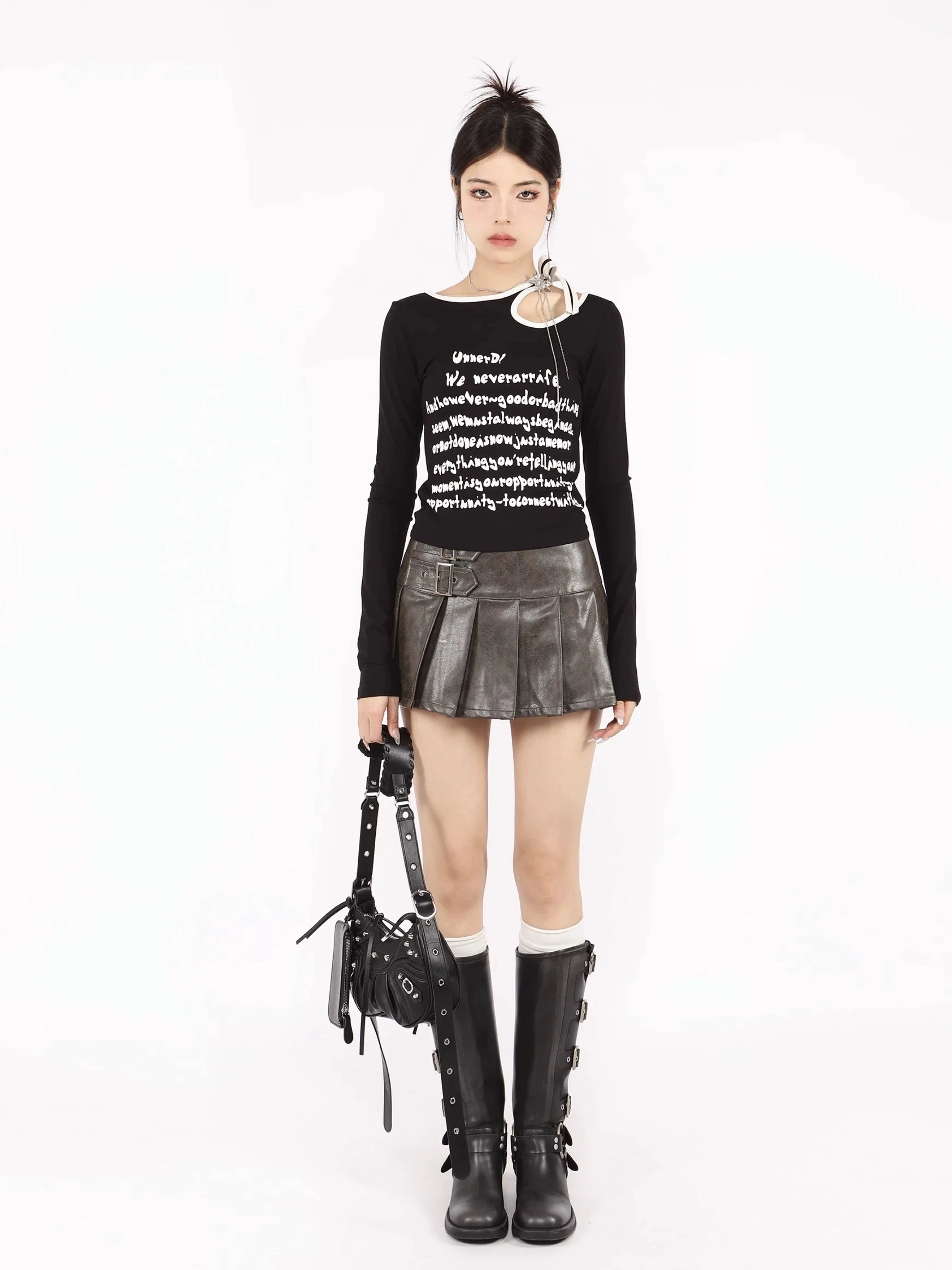 Buckled Leather Pleated Mini Skirt