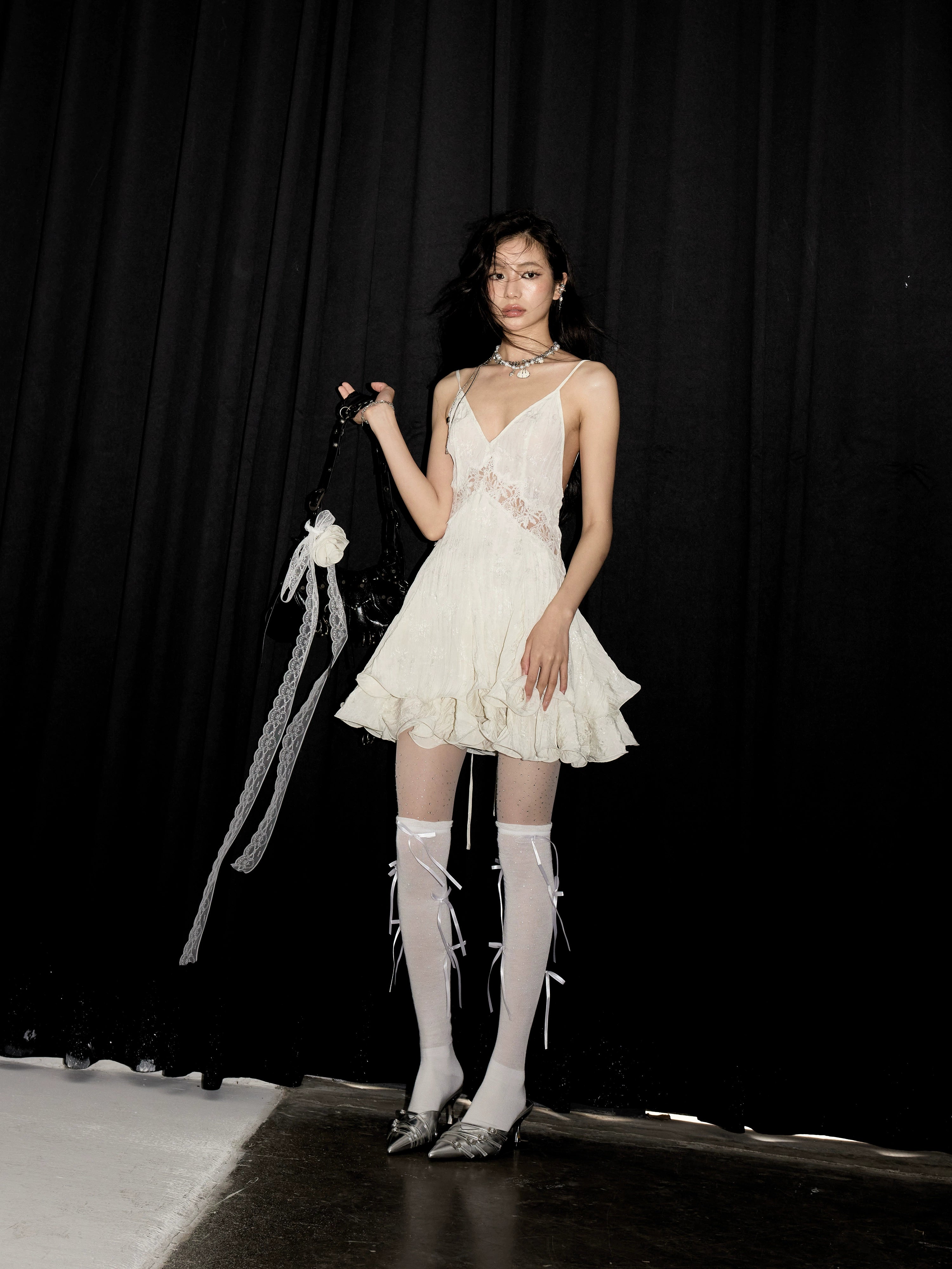 White Lace Slip Dress with Ruffle Hem
