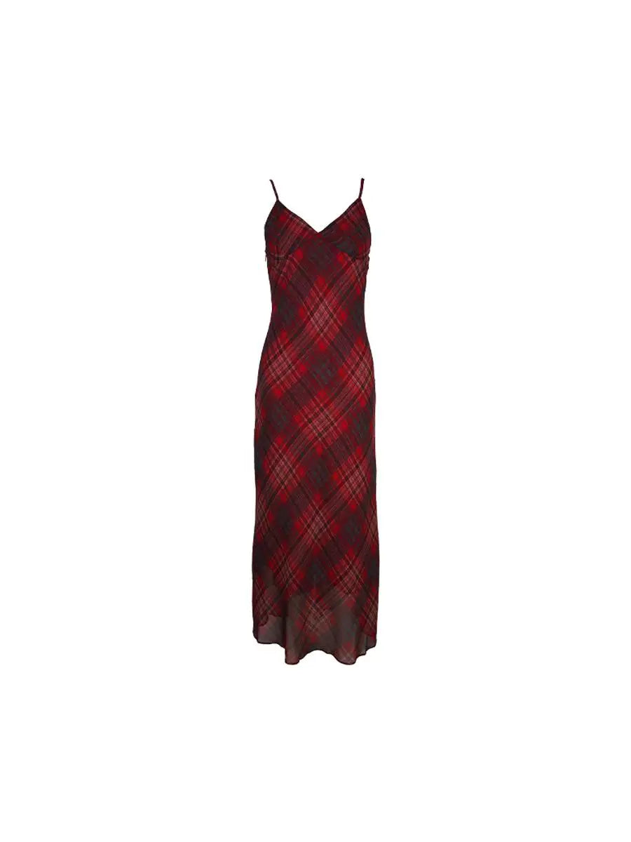 Red Plaid Spaghetti Strap Maxi Dress