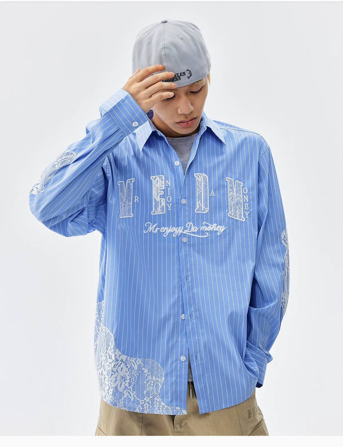 Lace Patchwork Pinstripe Shirt