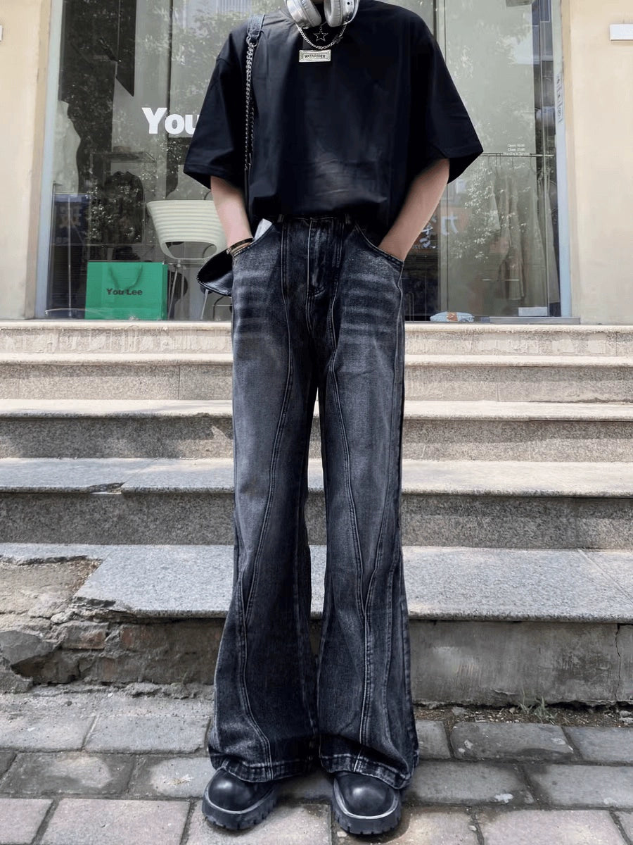 Wide Leg Washed Black Flared Jeans