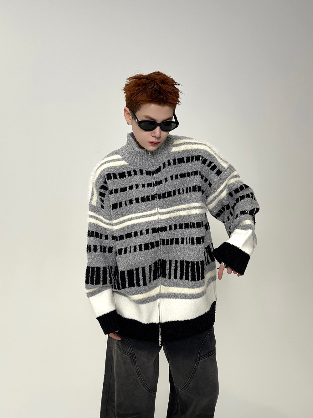 Metro Lines Fuzzy Zip Knit Sweater