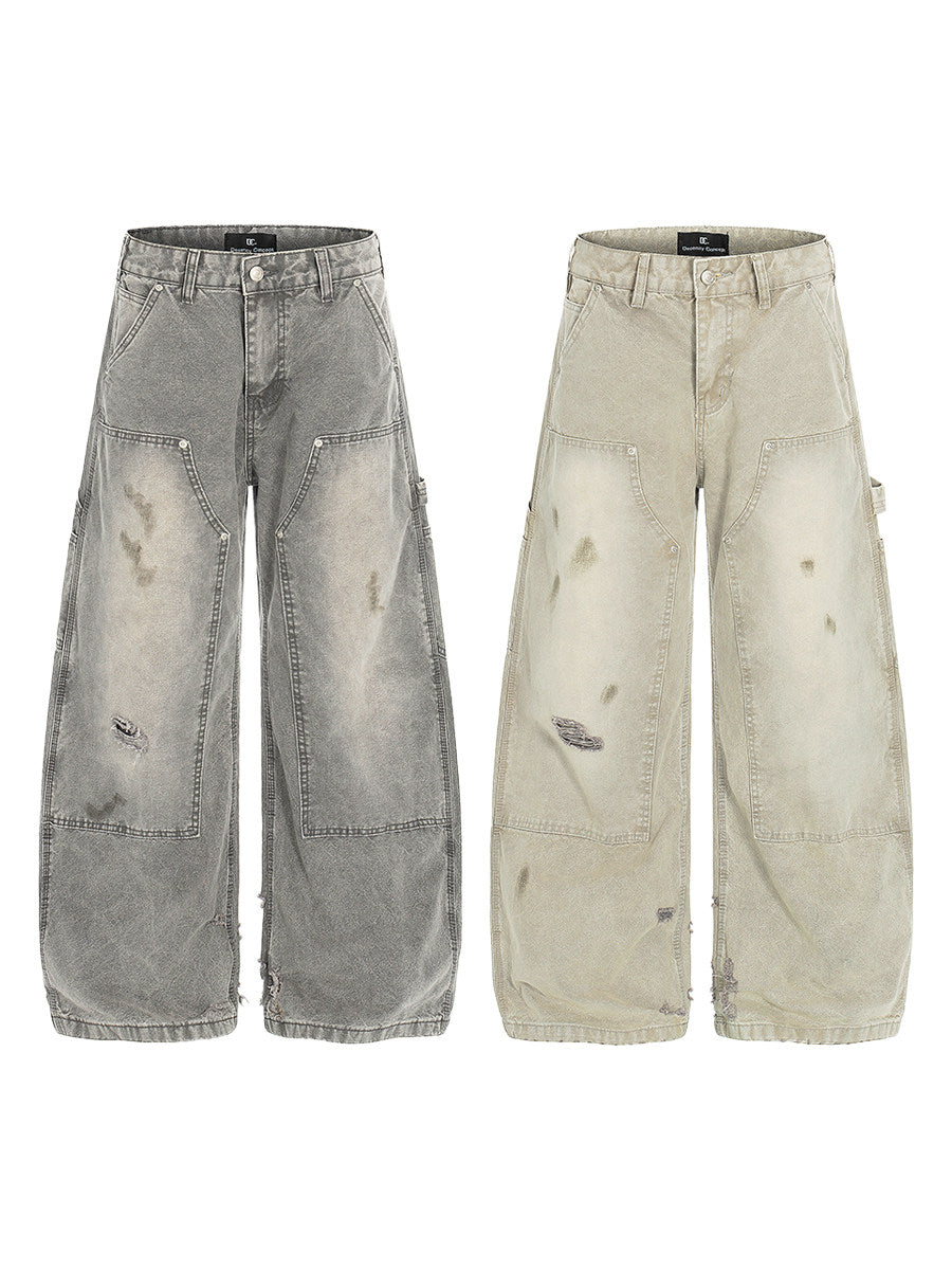 Men's Distressed Washed Wide-Leg Cargo Jeans