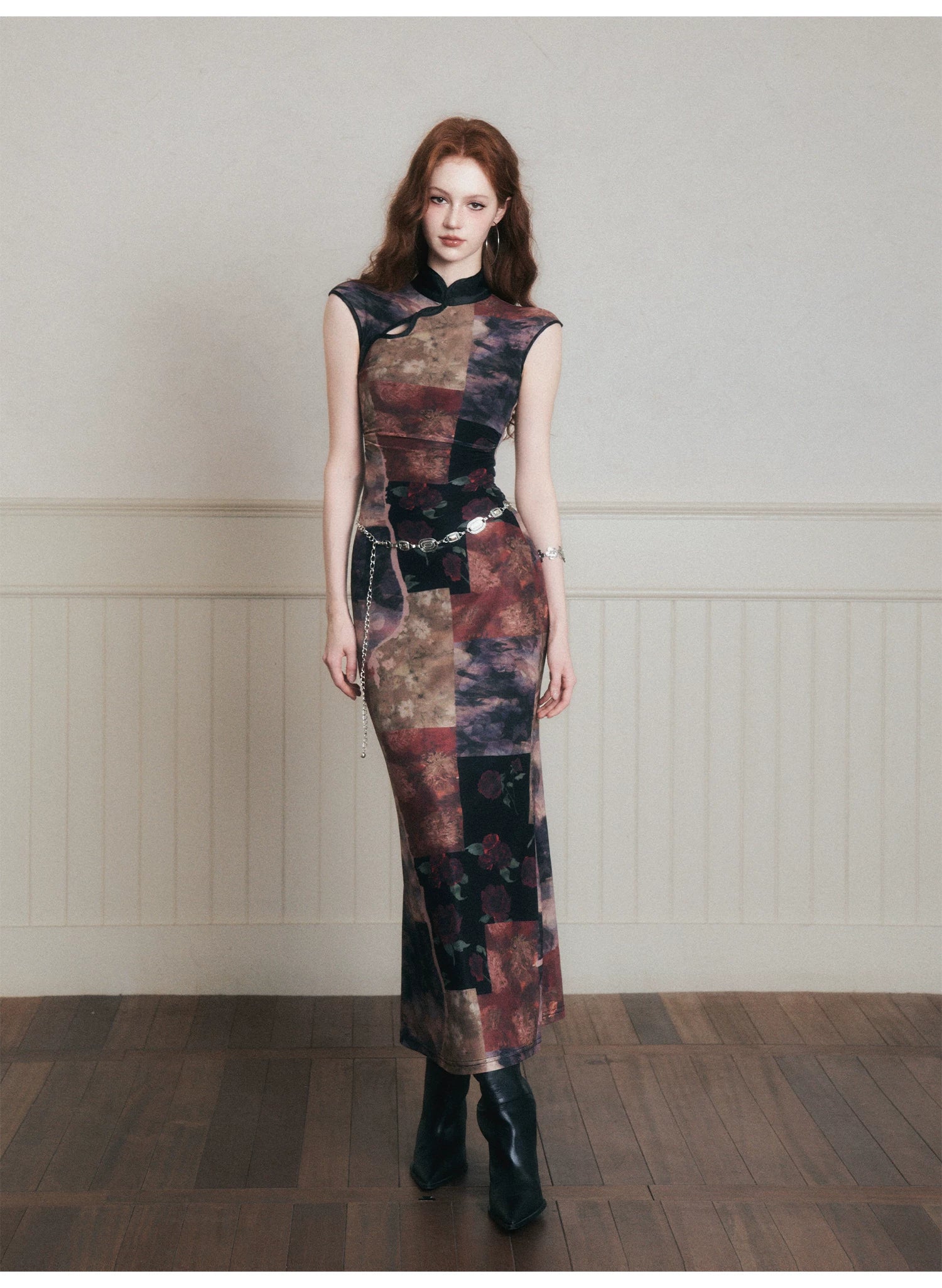 Vintage Noir Patchwork Cheongsam Maxi Dress