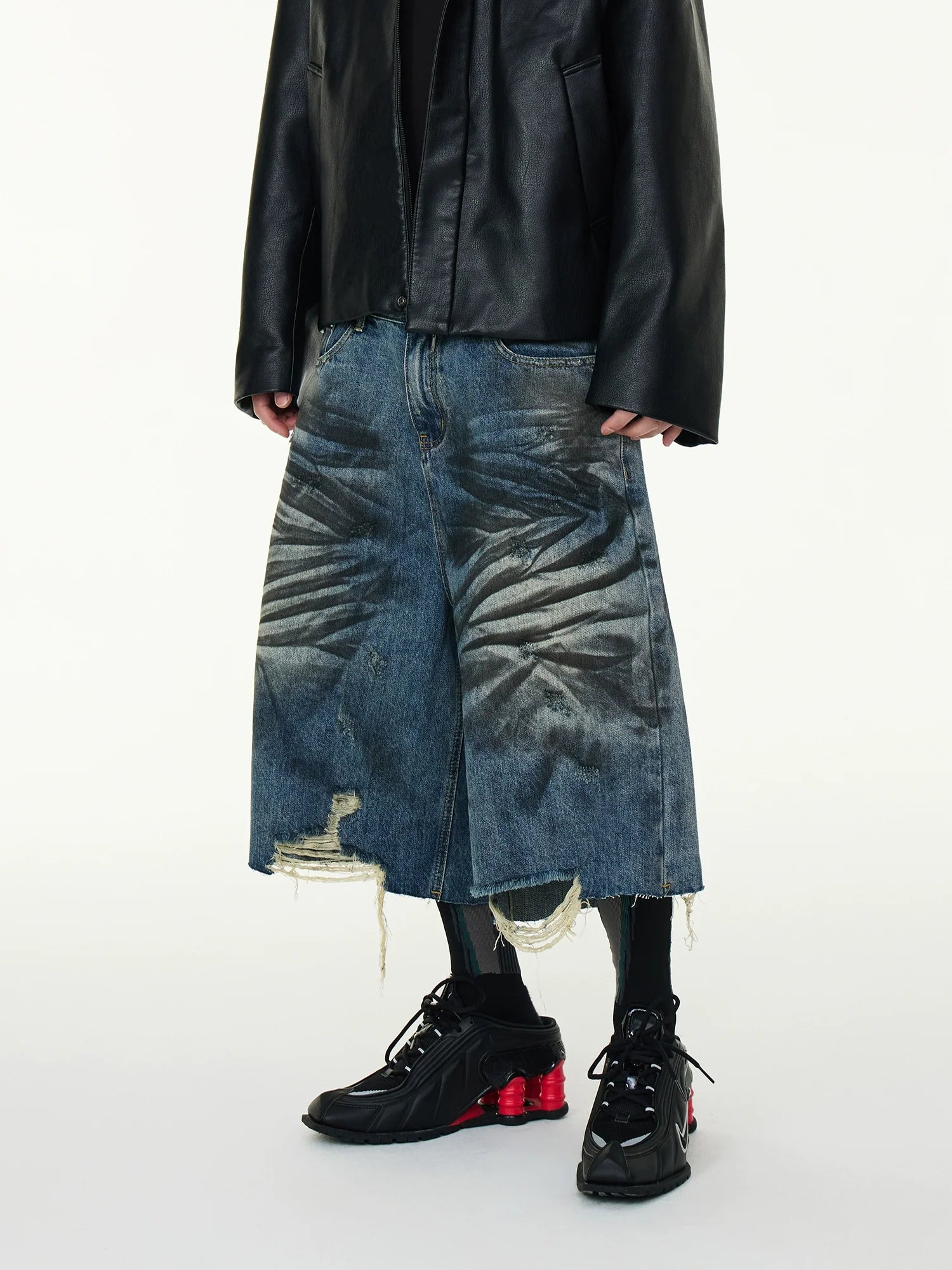 Distressed Palm Spray Denim Shorts