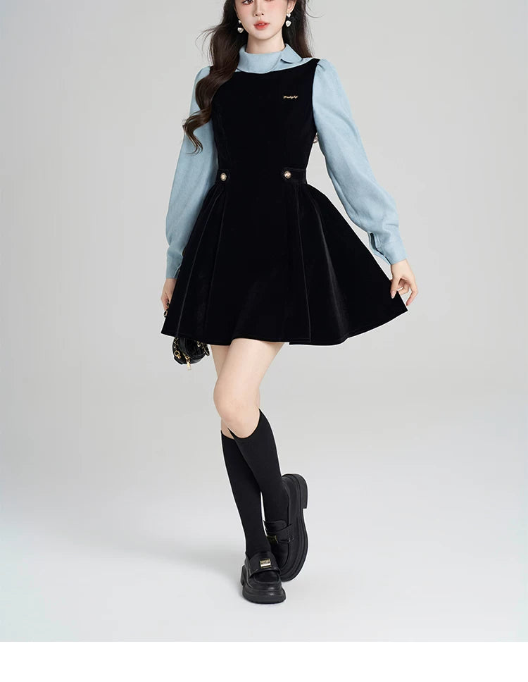 Velvet Pinafore Contrast Sleeve Dress