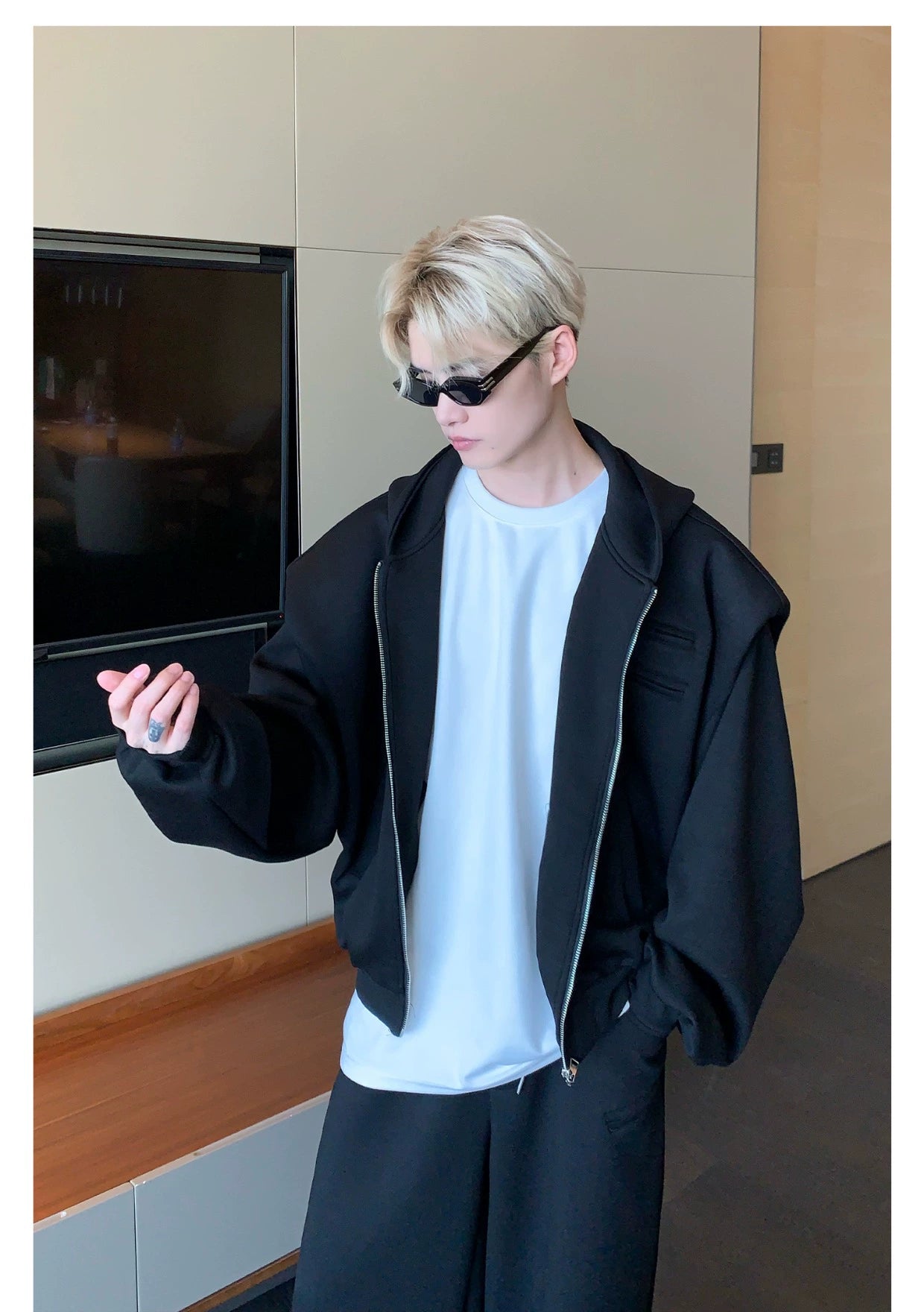 Shoulder-Padded Hoodie Jacket with Straight-Leg Pants Two-Piece Set