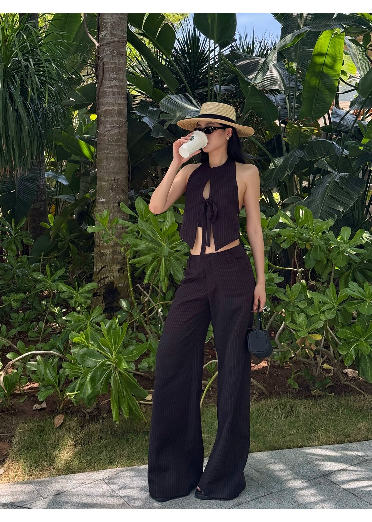 Black Pinstripe Wide Leg Pants