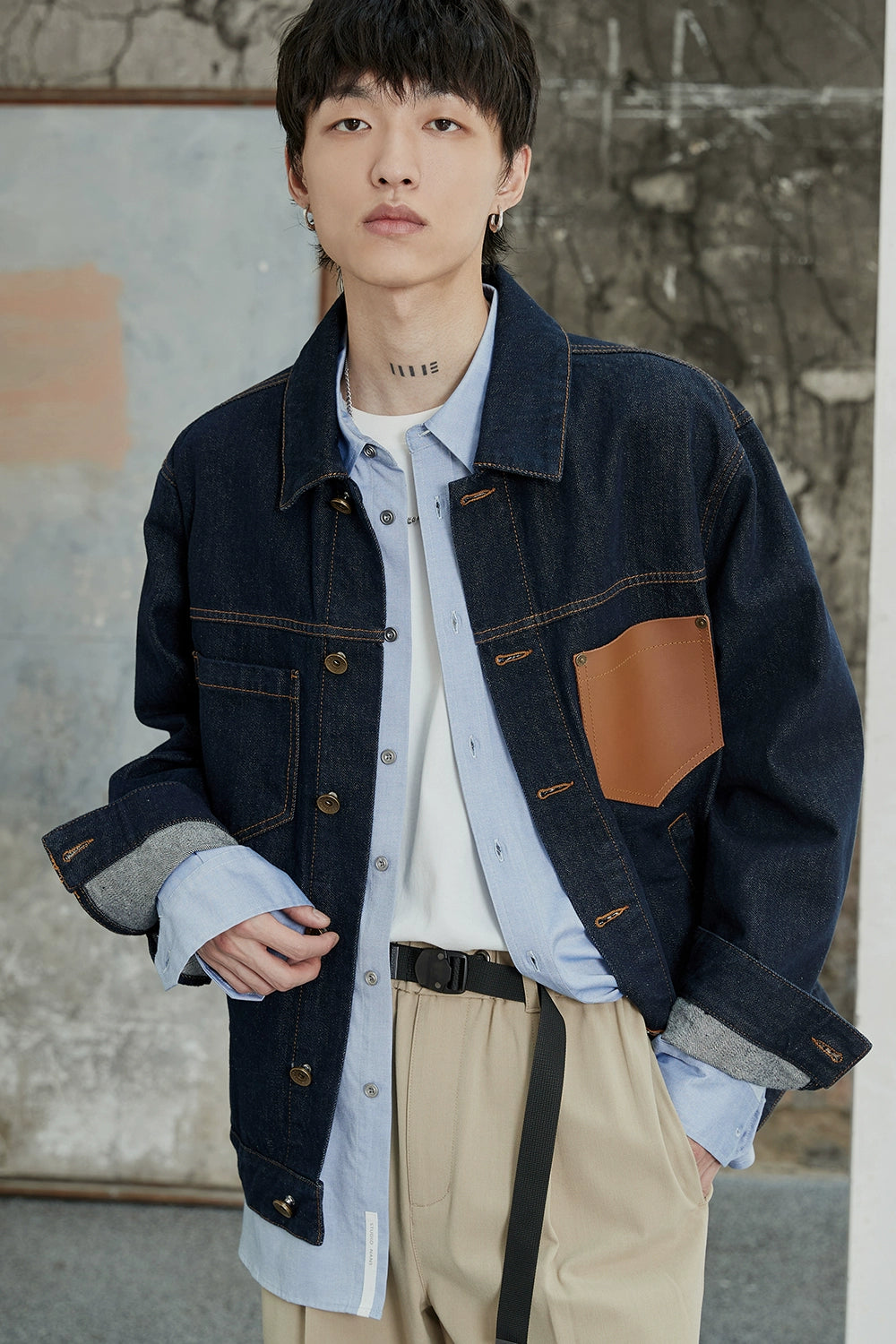 Color-Block Natural Denim Contrast Jacket