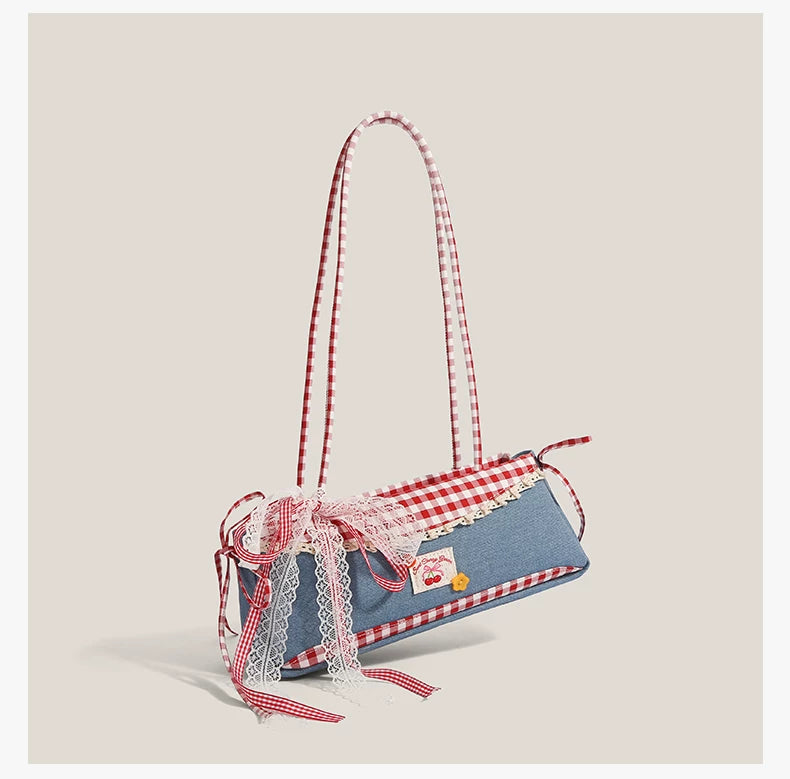 Gingham Picnic Lace Baguette Bag