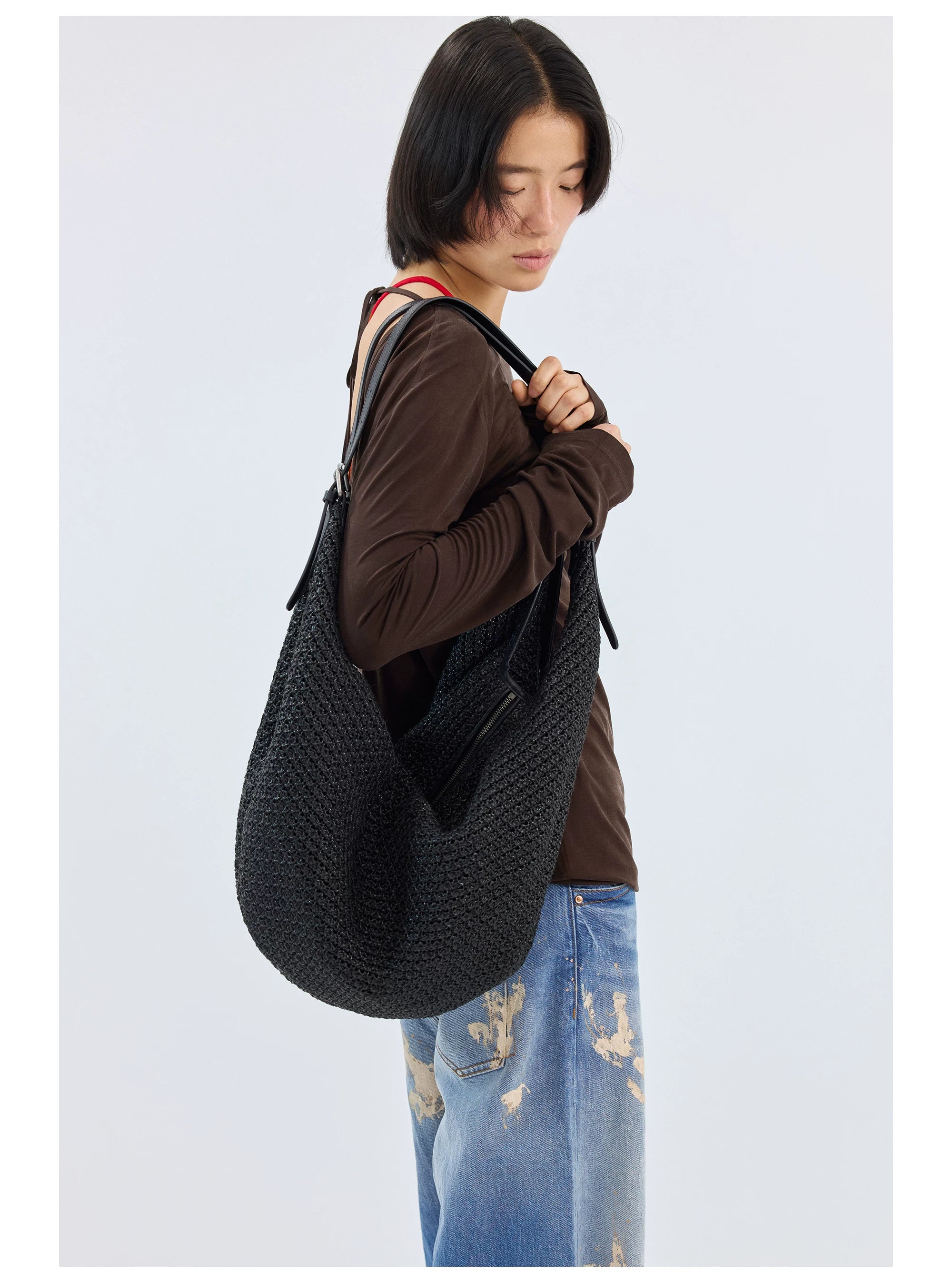 Black Slouchy Knit Shoulder Bag