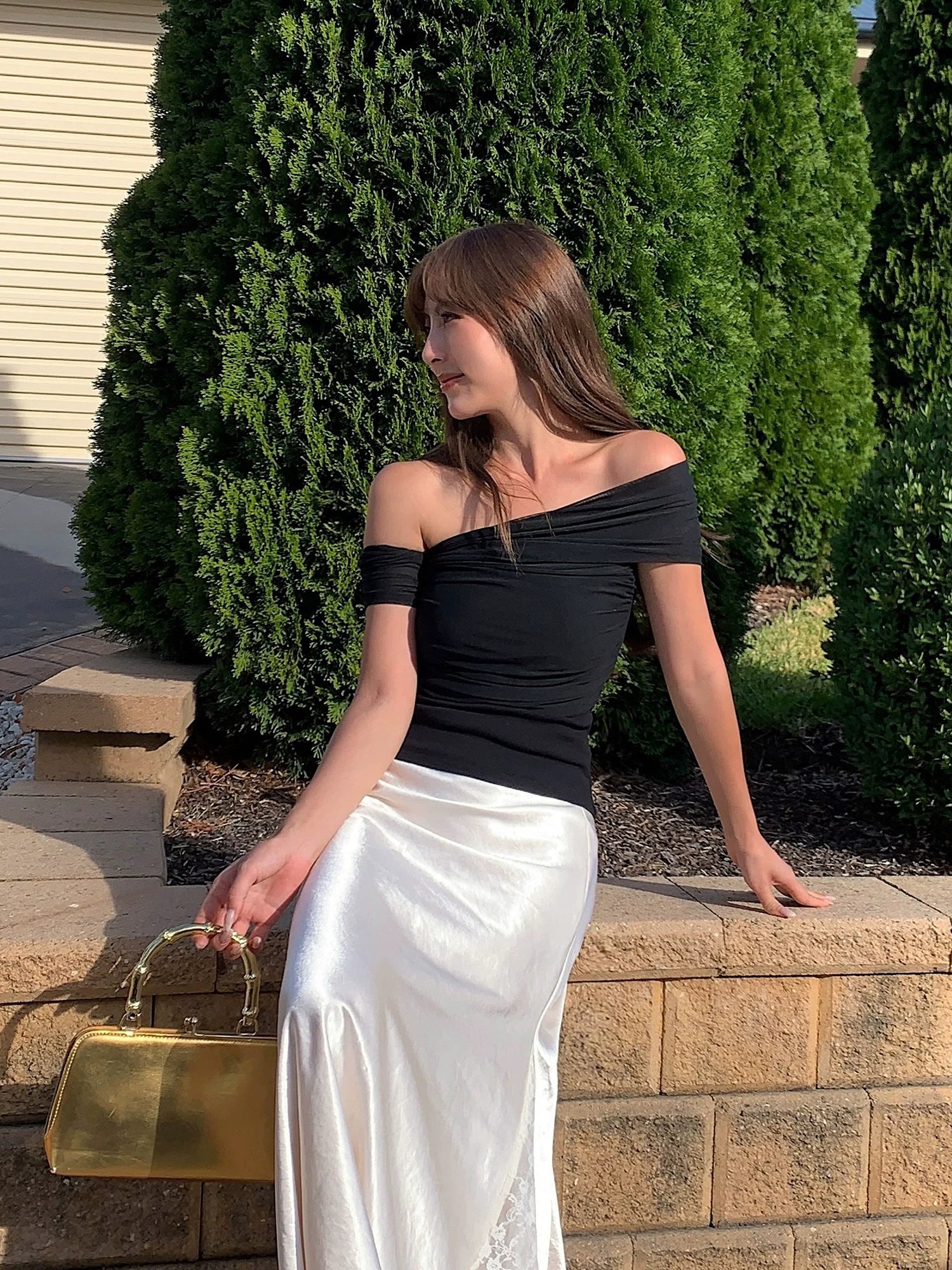 Asymmetric Off Shoulder Ruched Tube Top