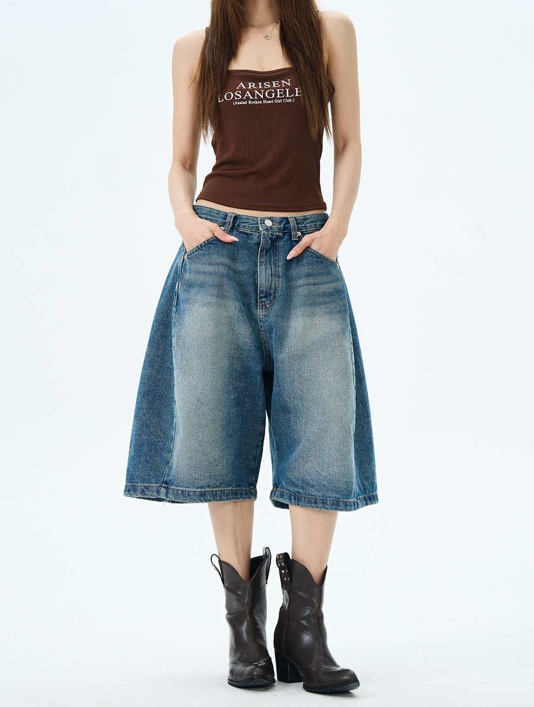 Wide-Leg Denim Bermuda Shorts