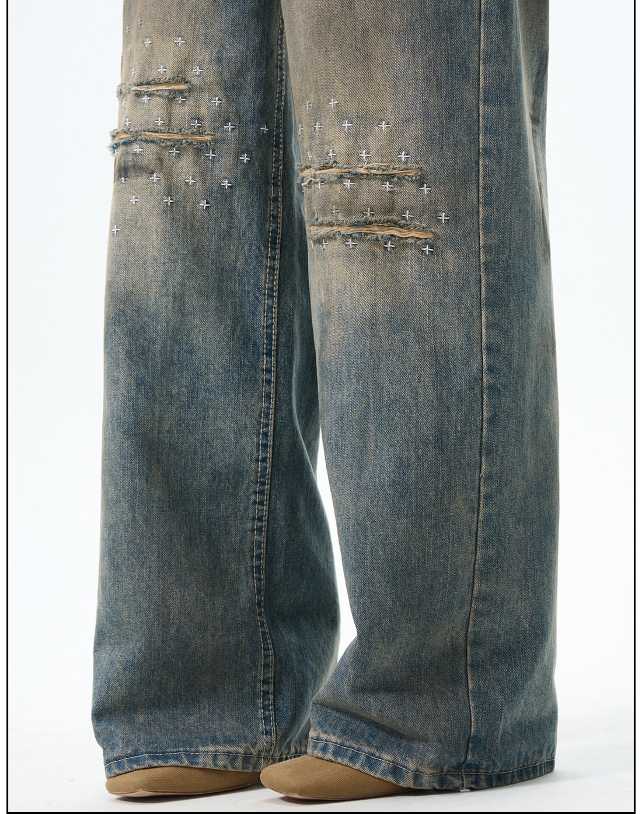 Heavily Distressed Wide Leg Cargo Jeans