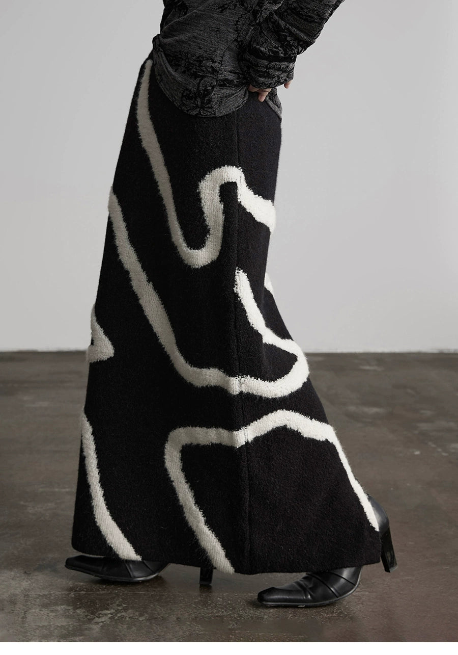 White Striped Black Knit Straight Skirt