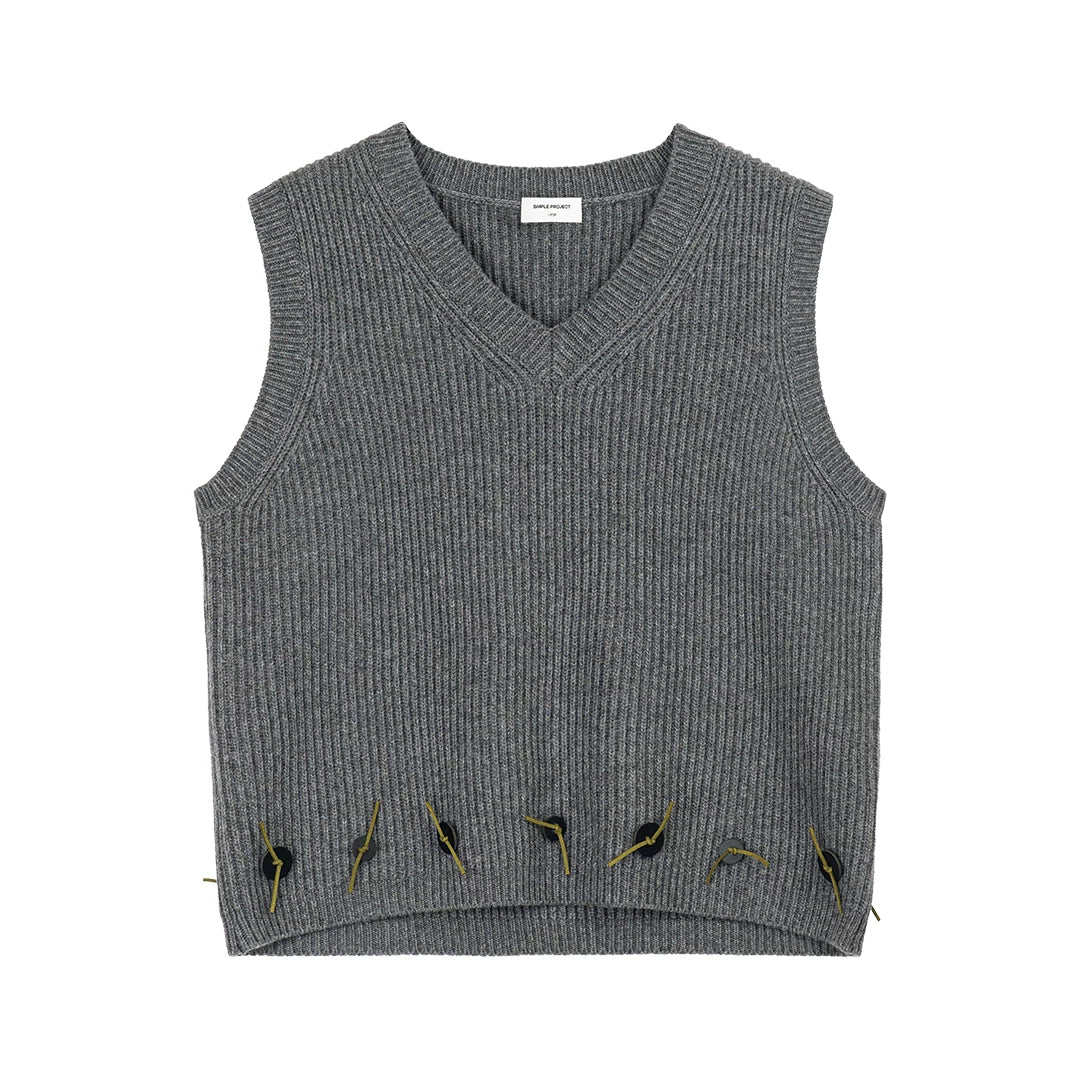 Embroidered Ribbed Button Knit Vest