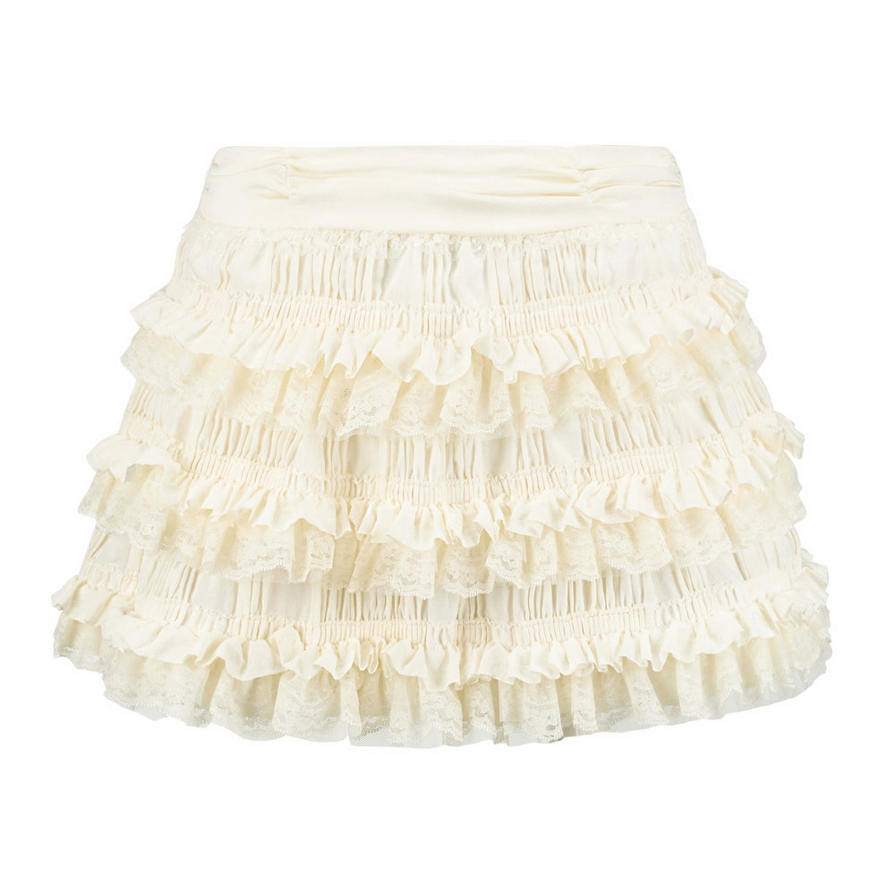 Cream Tiered Ruffle Mini Skirt with Lace Trim
