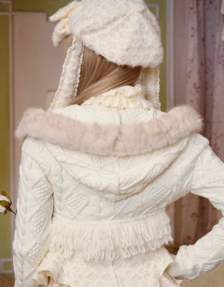 Ivory Fur-Trim Cable Knit Cropped Cardigan