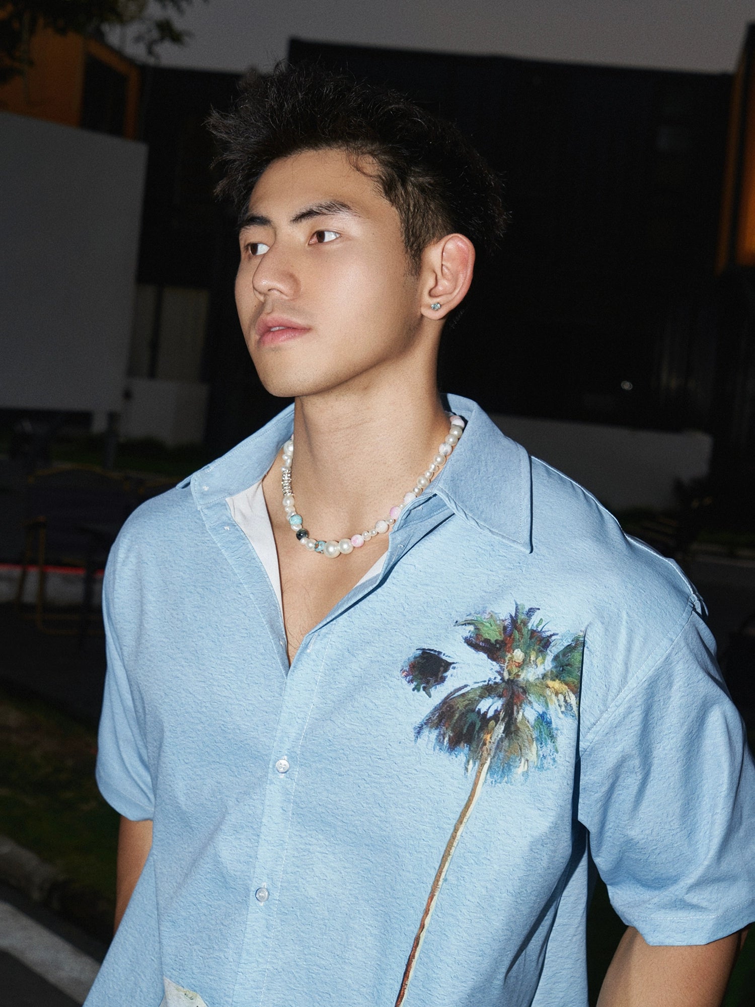 Light Blue Shirt with Mediterranean Scene Print