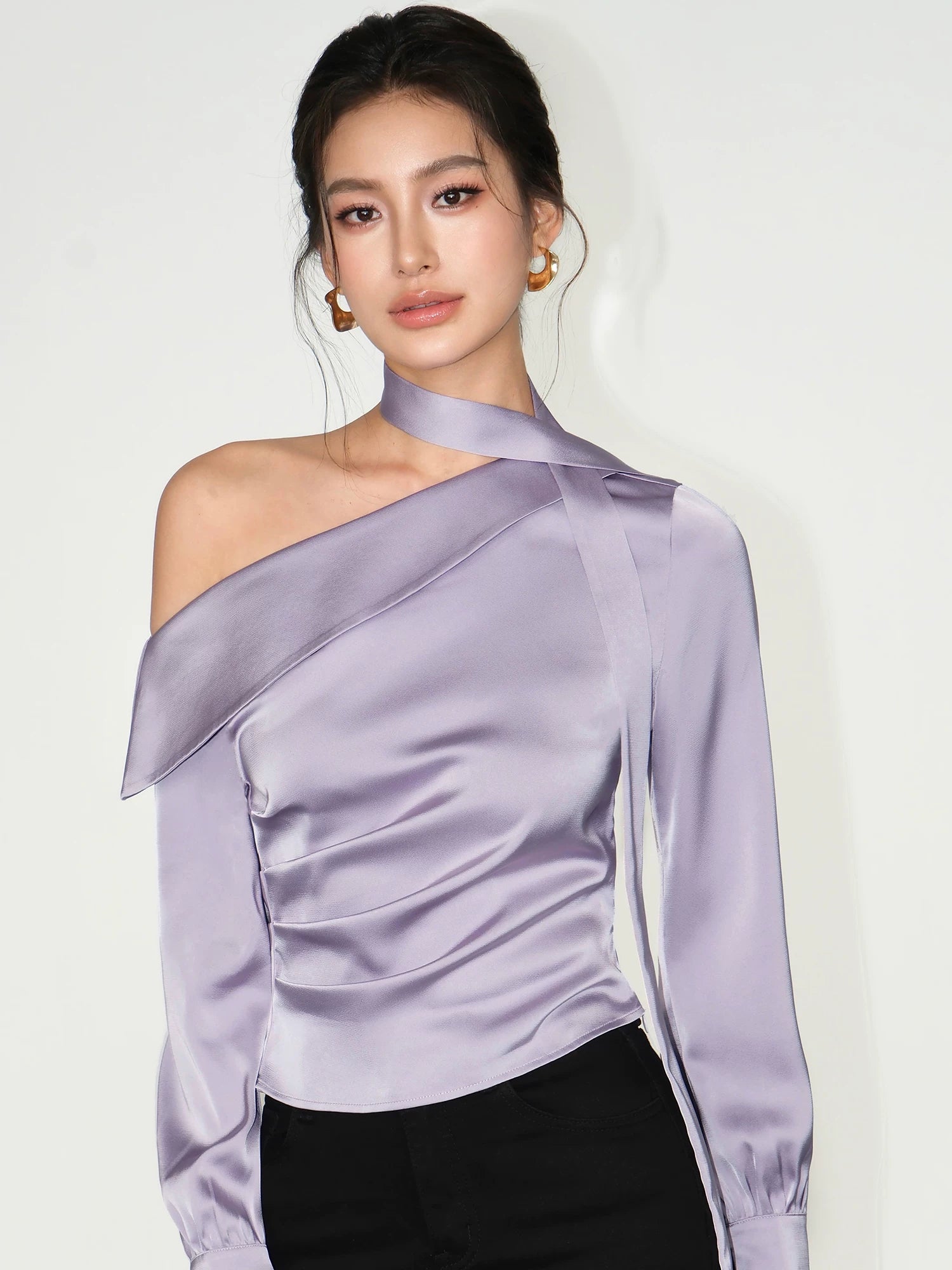 Asymmetric Choker Satin Ruched Blouse