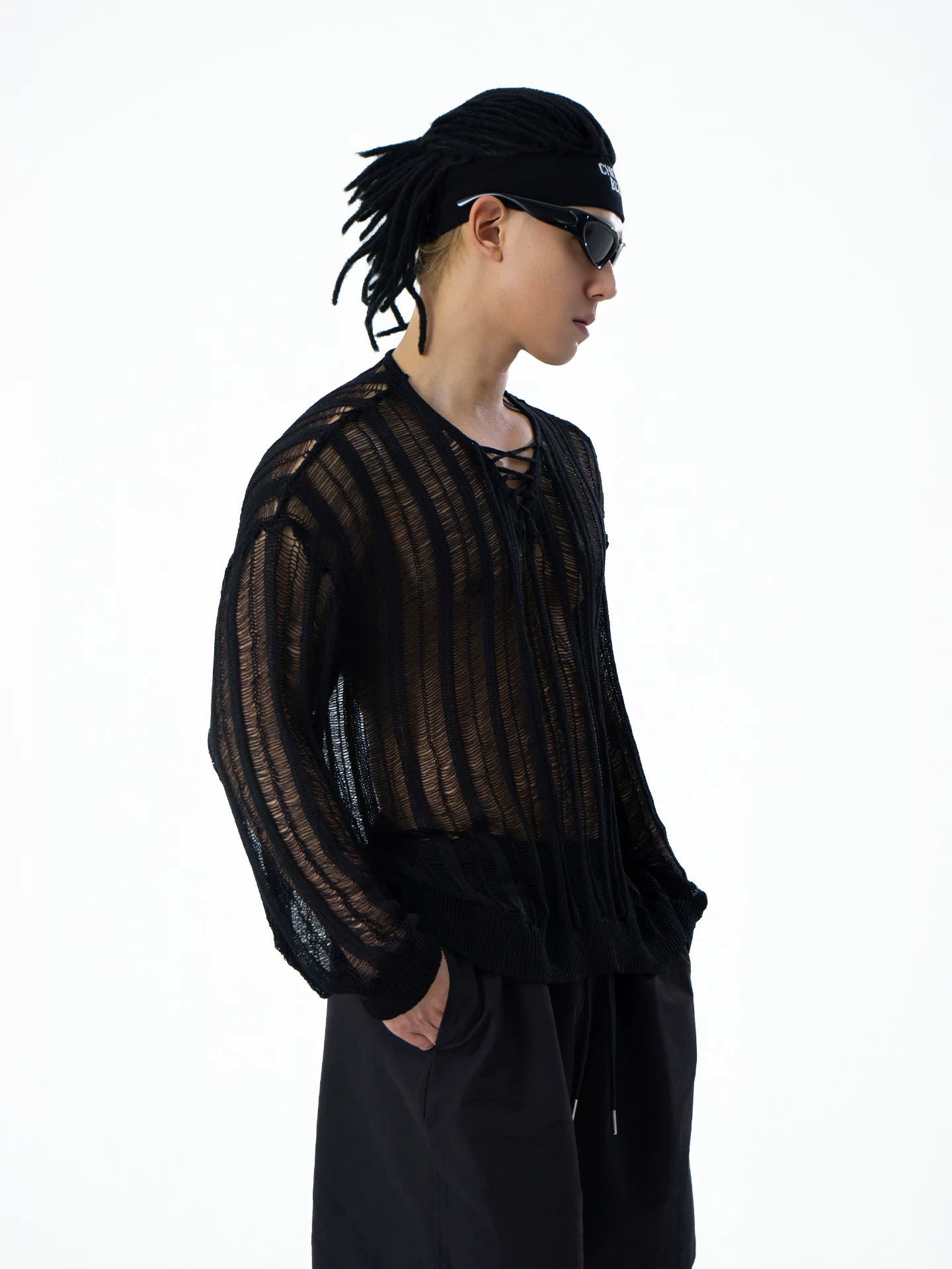 Mesh Rift Lace-Up Sheer Knit Sweater