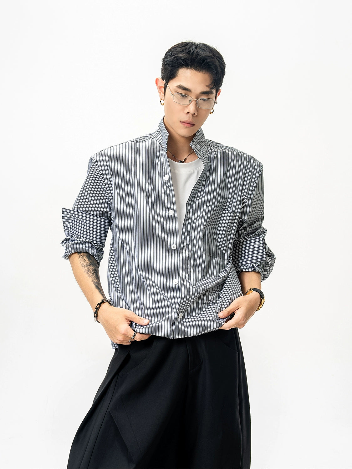 Pinstripe Stand Collar Shirt
