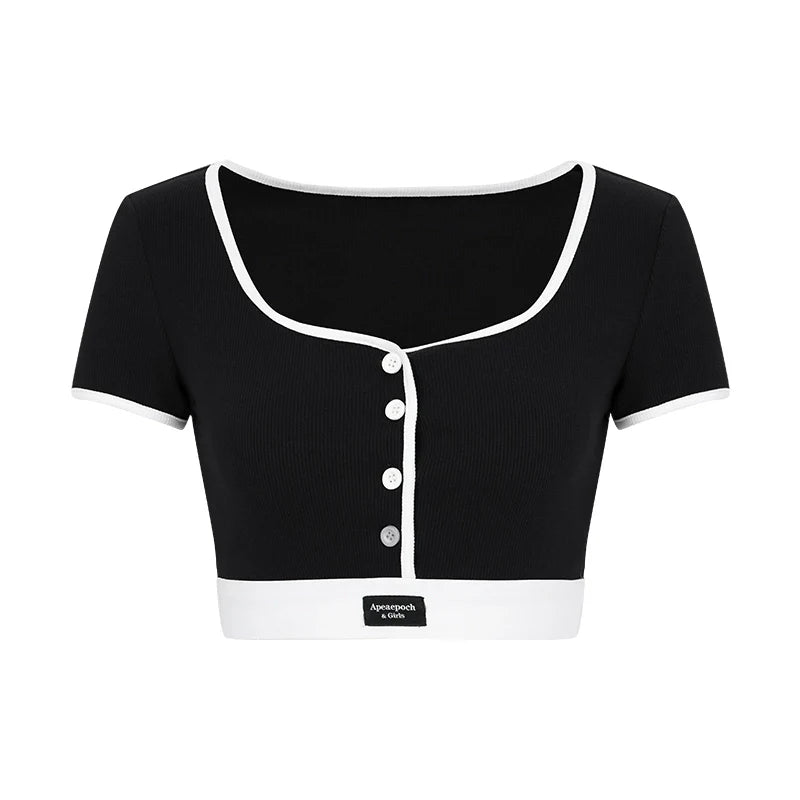 Black and White Contrast Trim Crop Top and Shorts Set