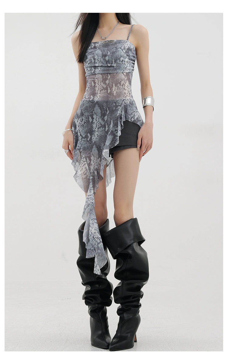 Black Asymmetric Ribbon Strap Tank Top With Ruffle Edge Design - chiclara