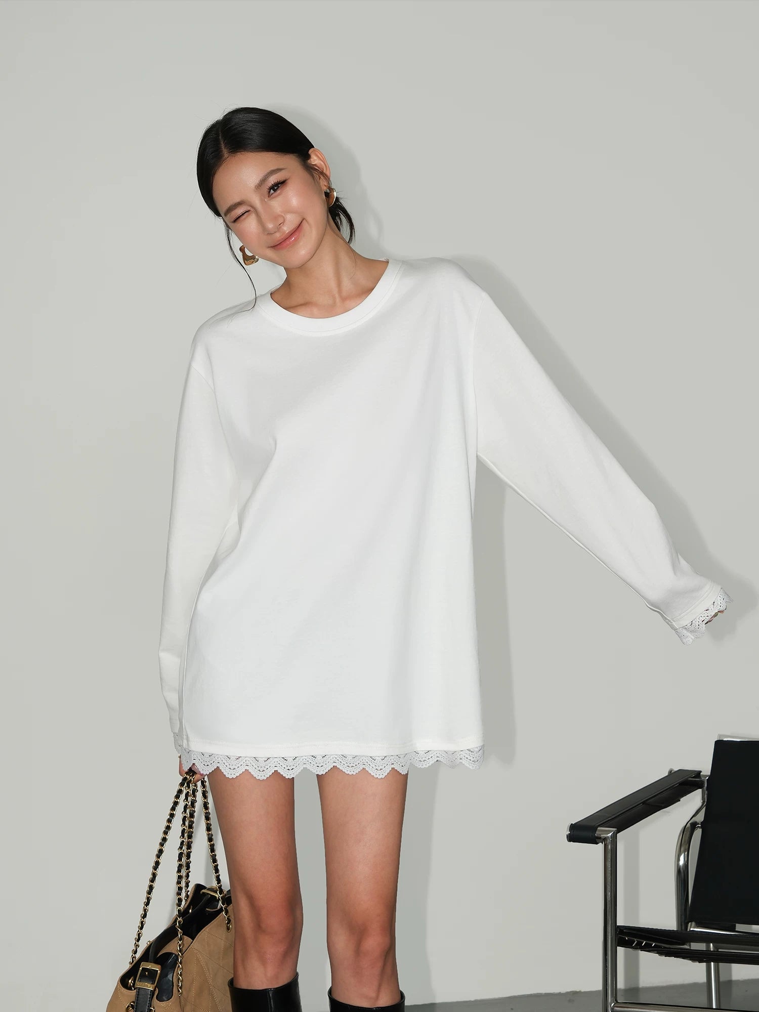 Soft Edge Lace-Hem Long Tee Dress