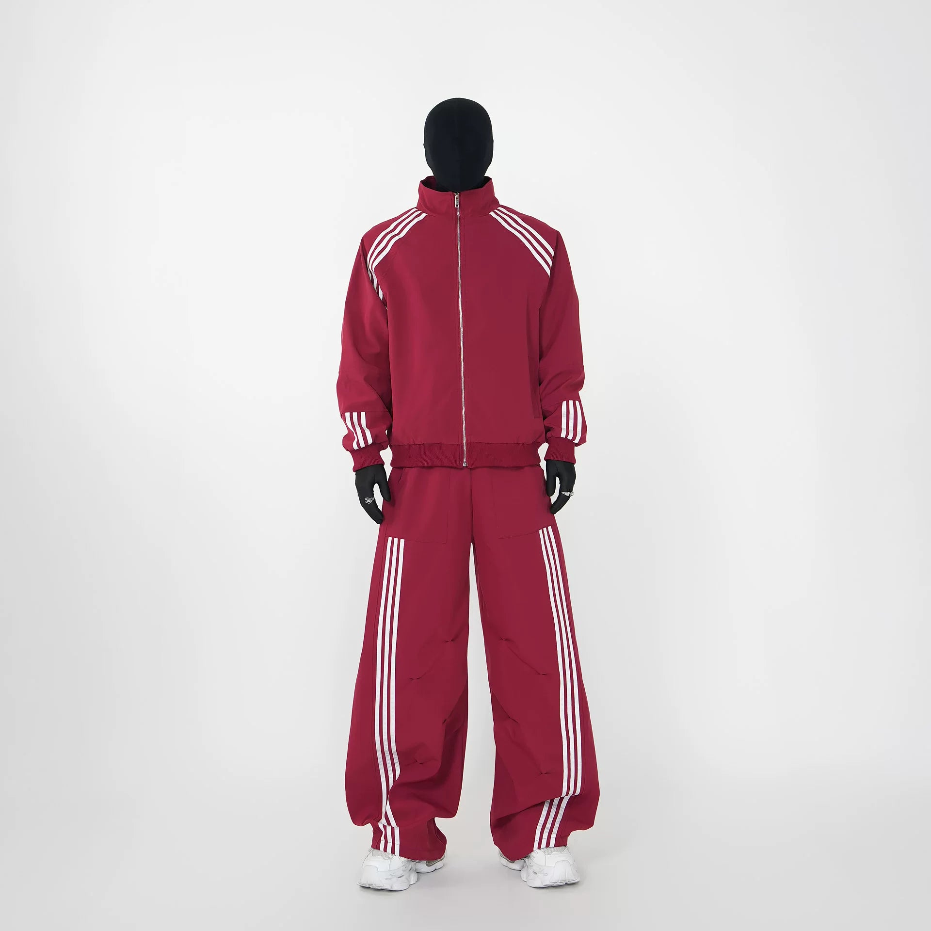 Crimson Velocity Triple‑Stripe Track Jacket and Pants Setup