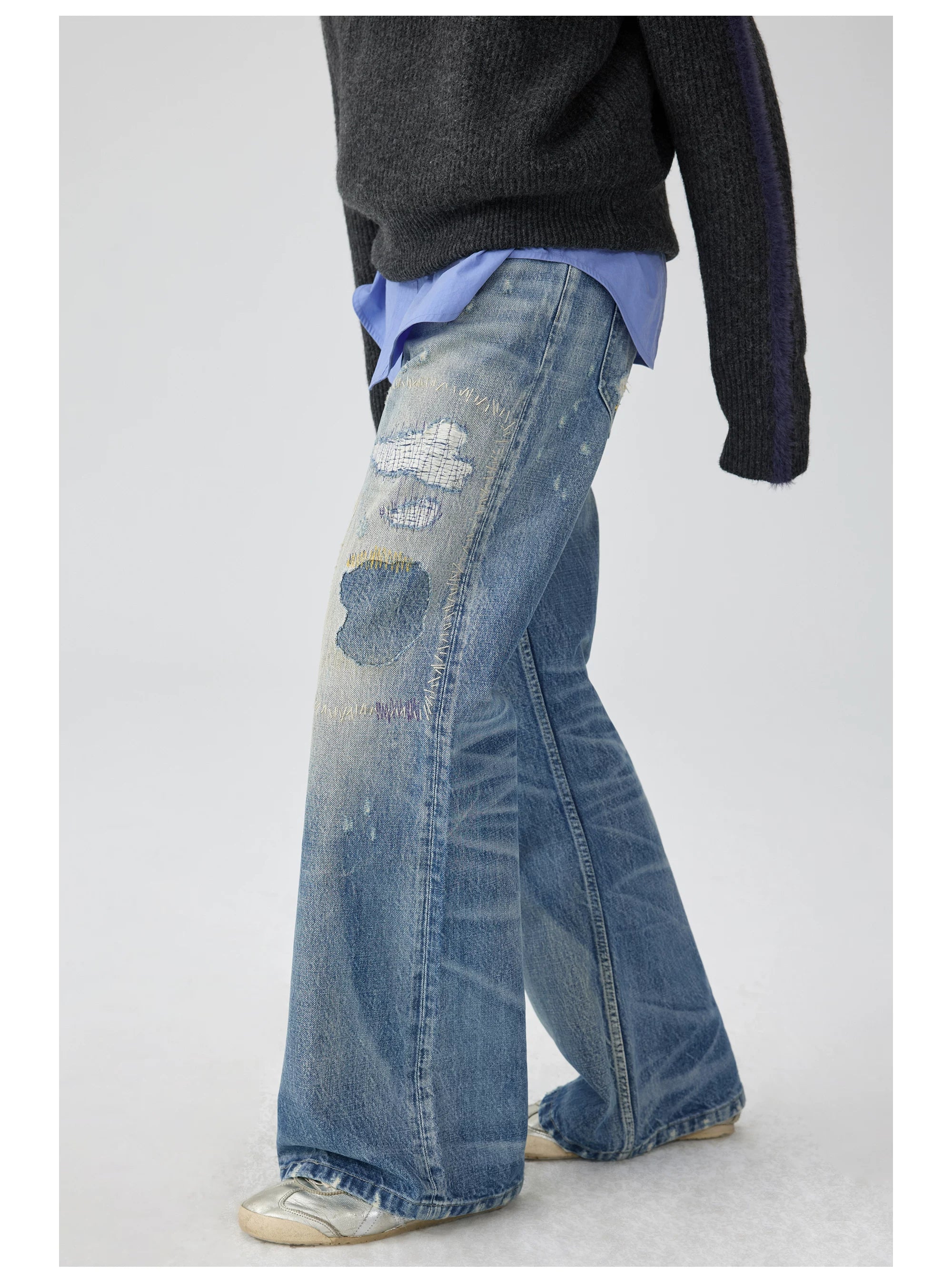 Distressed Patchwork Flared Jeans