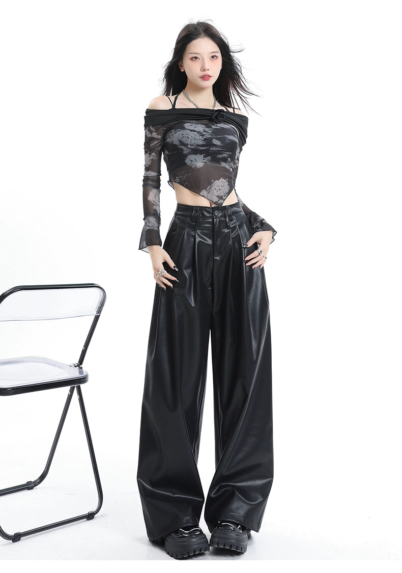 Coffee Wide-Leg Pu Leather Pants - chiclara