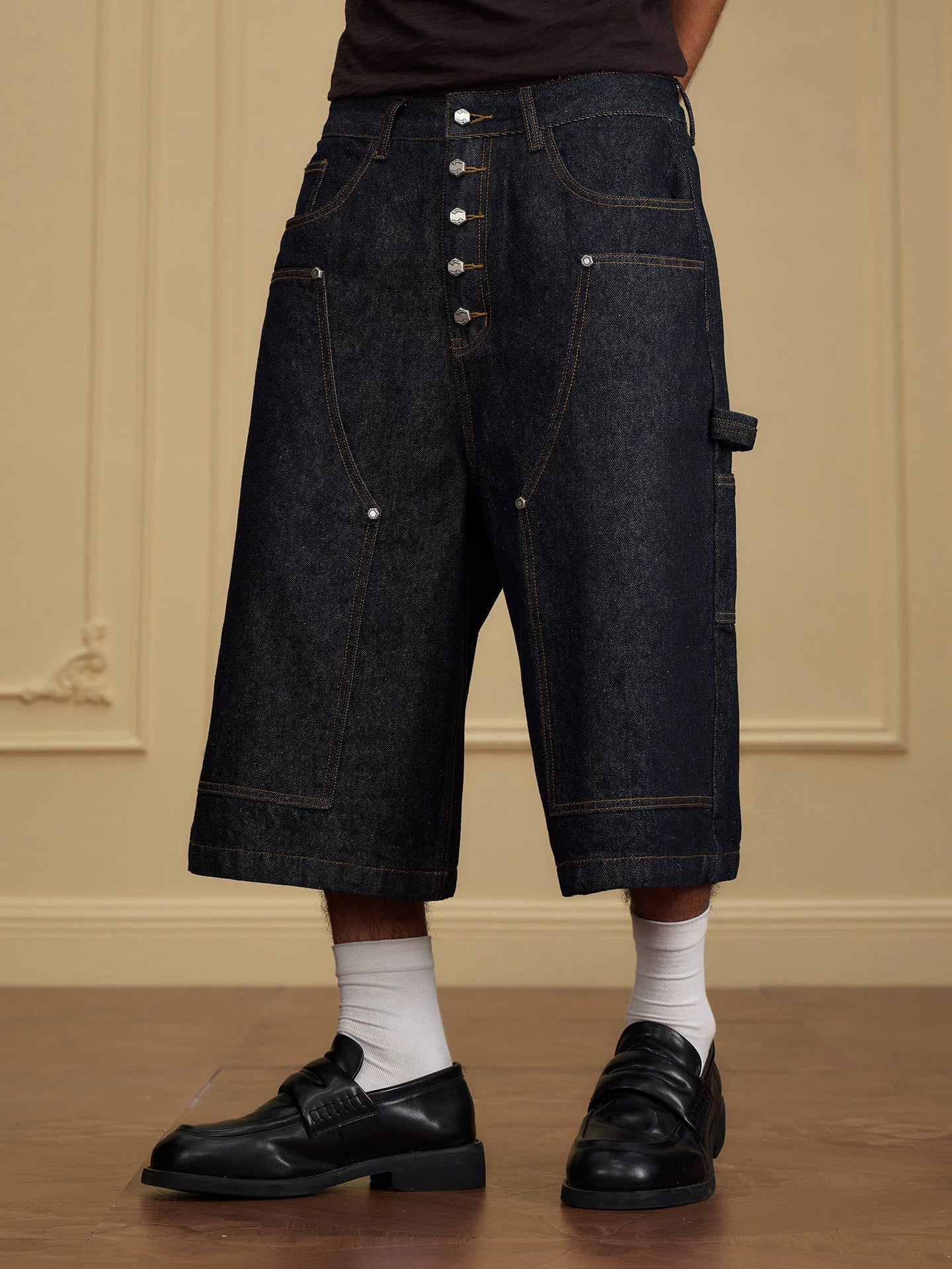 Raw Utility Wide Leg Denim Shorts