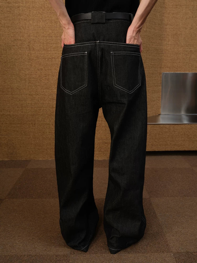 Black Contrast-Stitch Balloon Denim Trousers
