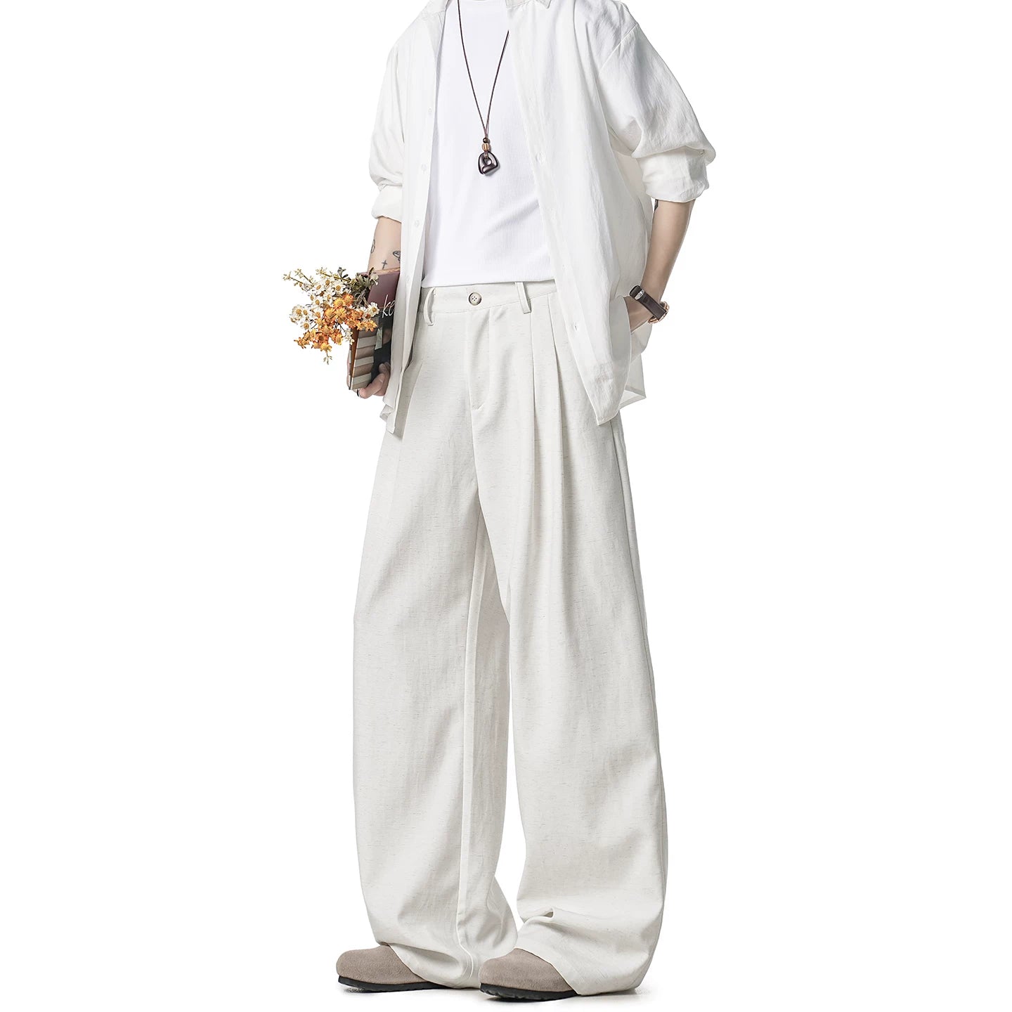Latte Pleat Relaxed Wide-Leg Trousers