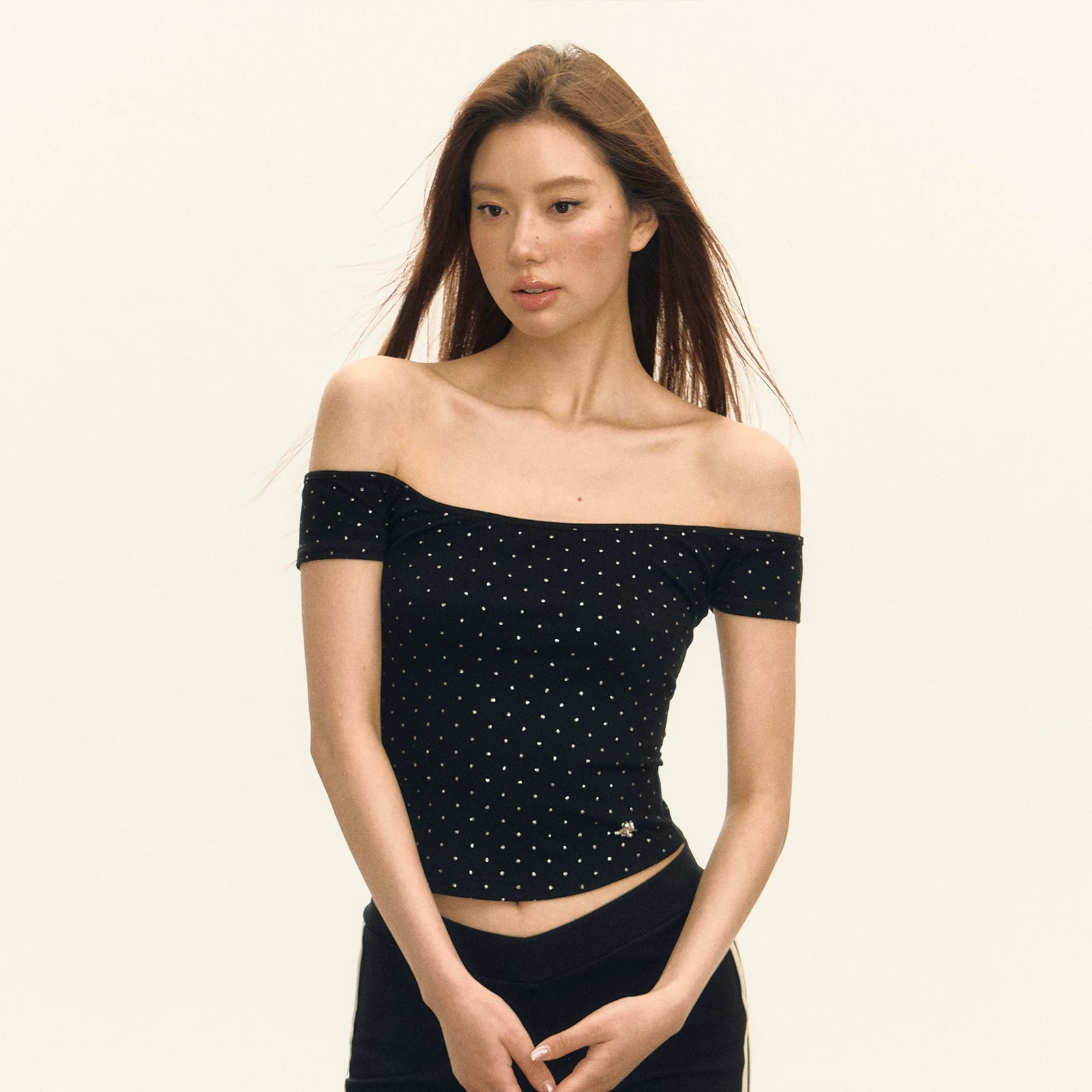 Crystal Embellished Off Shoulder Ribbed Top