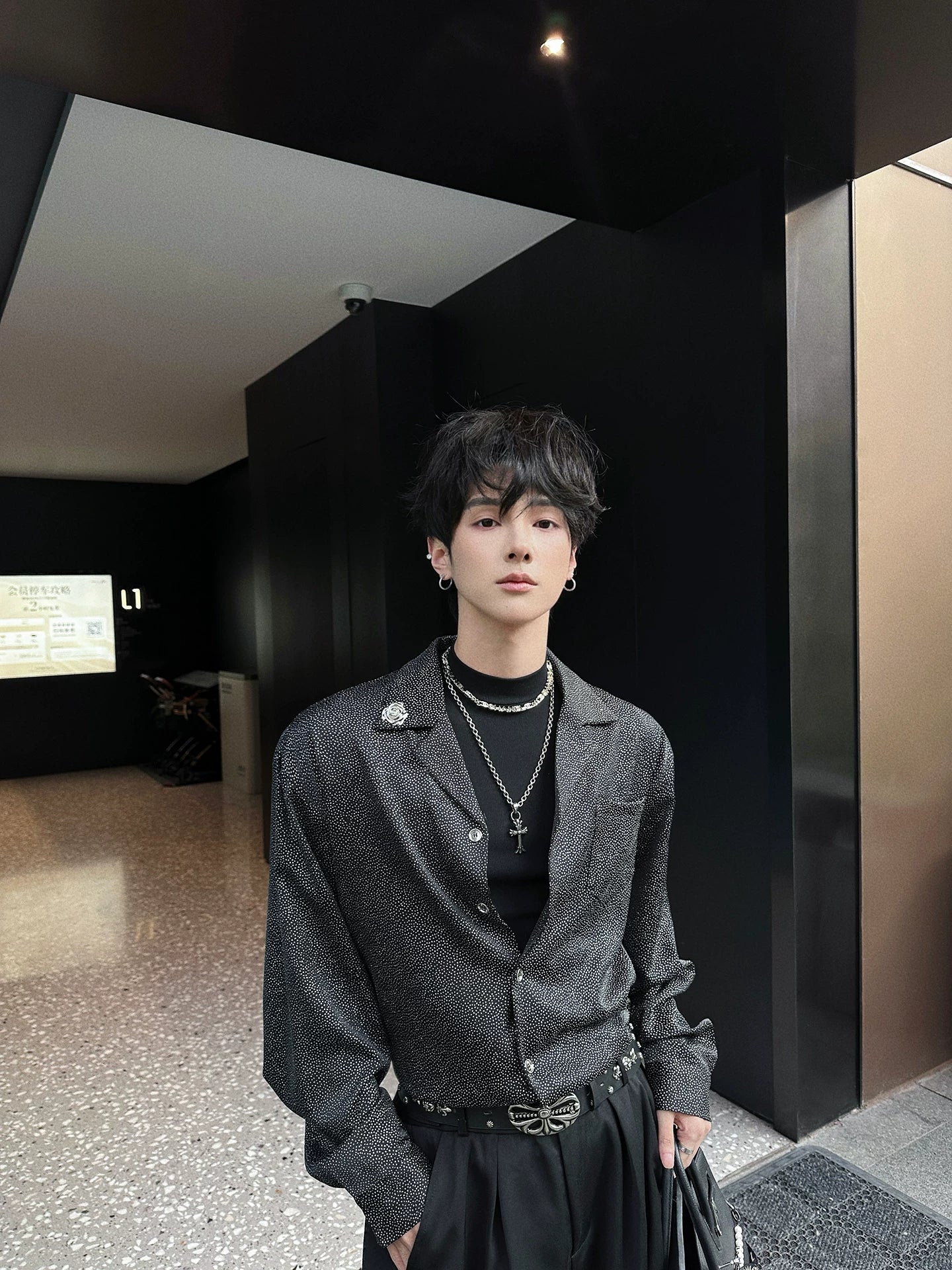 Starlit Static Shadow-Speck Satin Shirt