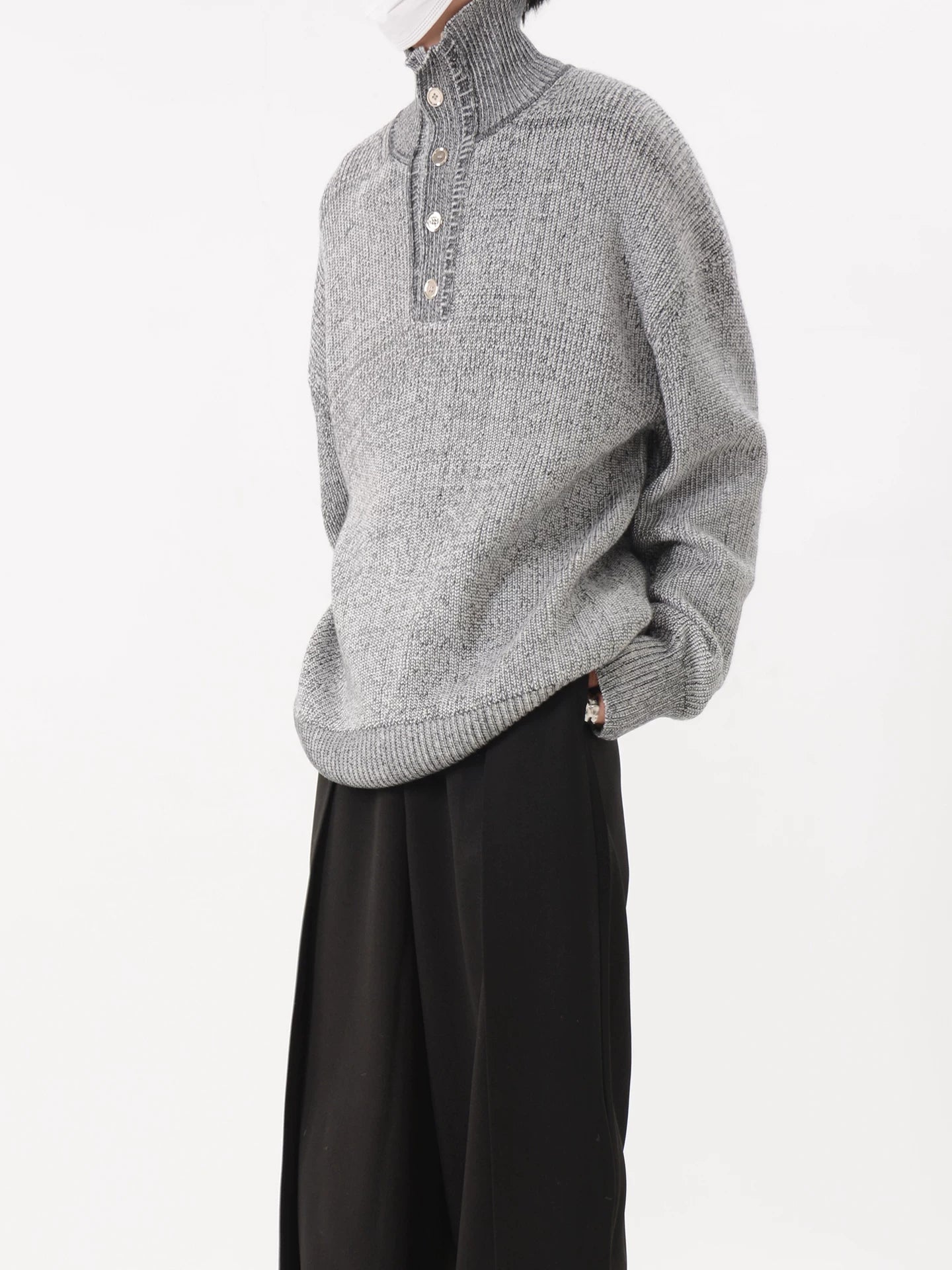 Grey Marled Button-Neck Oversized Knit Sweater