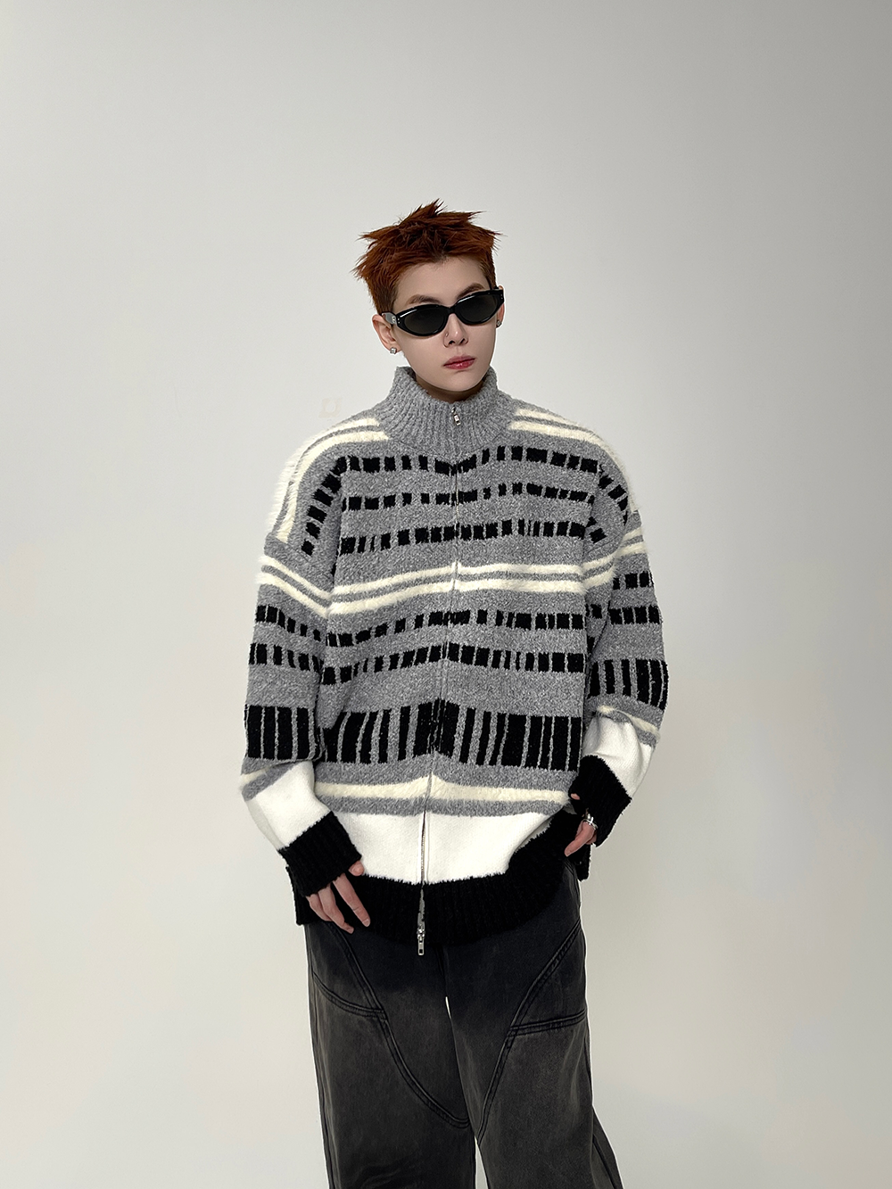 Metro Lines Fuzzy Zip Knit Sweater