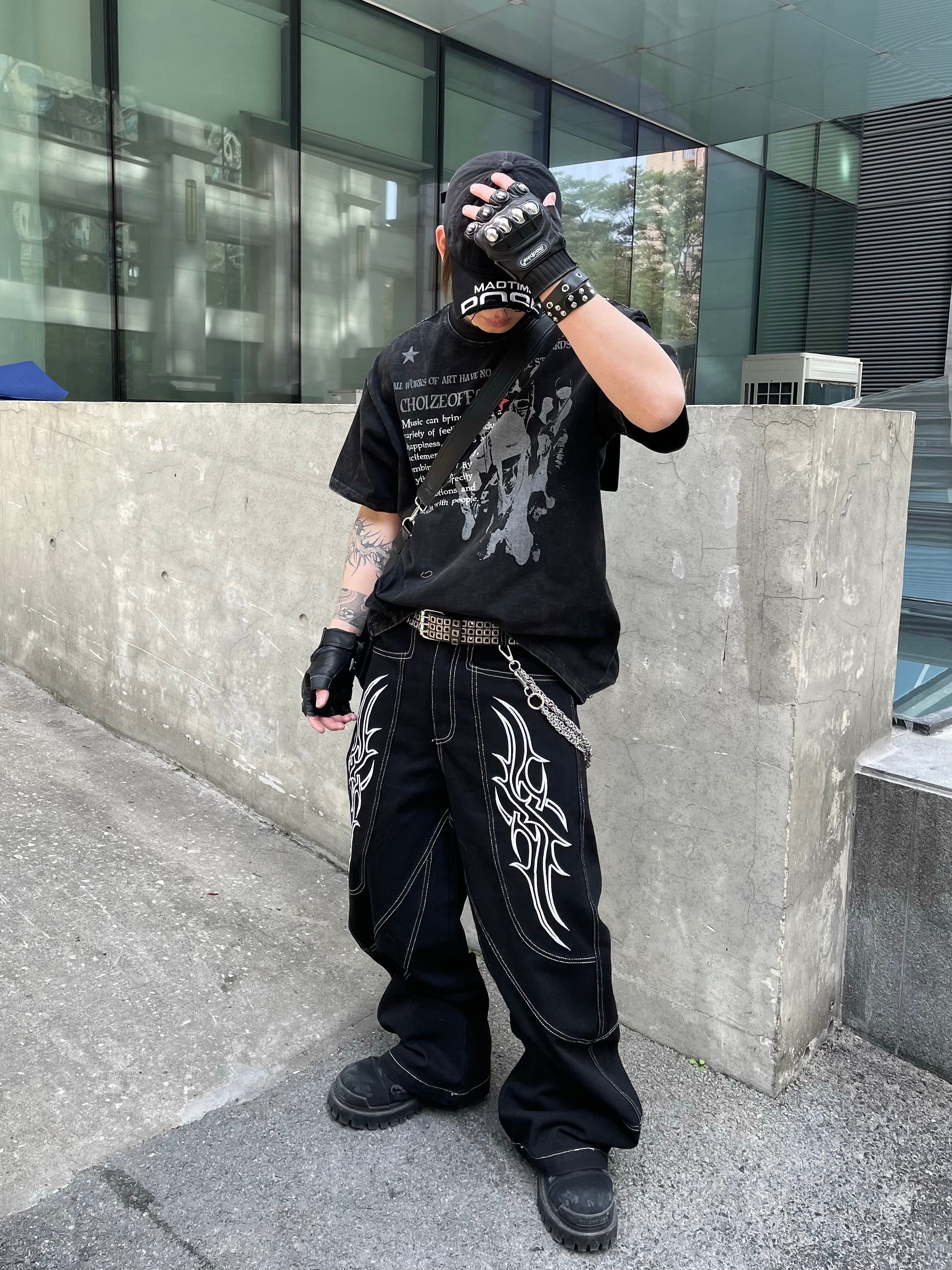 Stitch Embroidery Tribal Flame Wide Leg Jeans