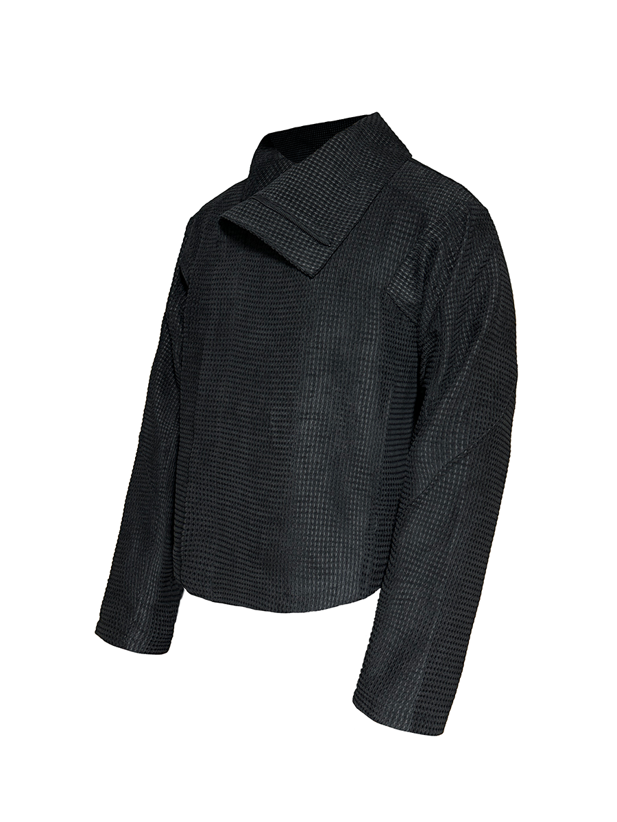 Black Textured Asymmetric-Collar Jacket
