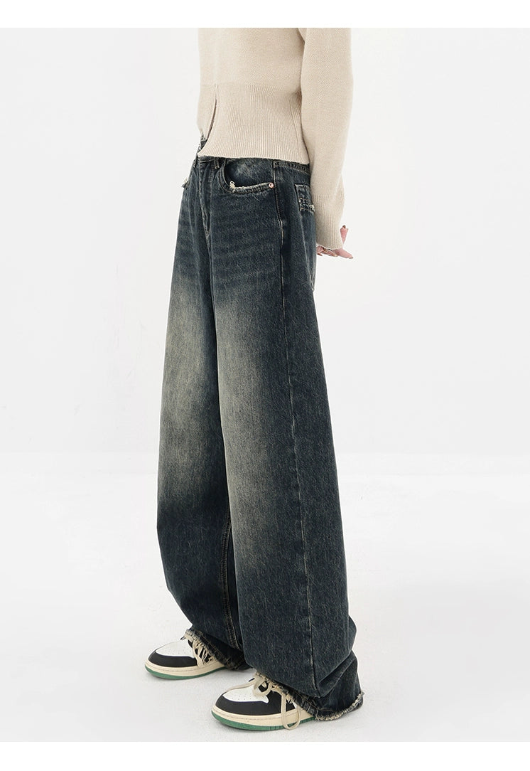 Vintage High Street Deep Blue Wide-Leg Denim Pants - chiclara