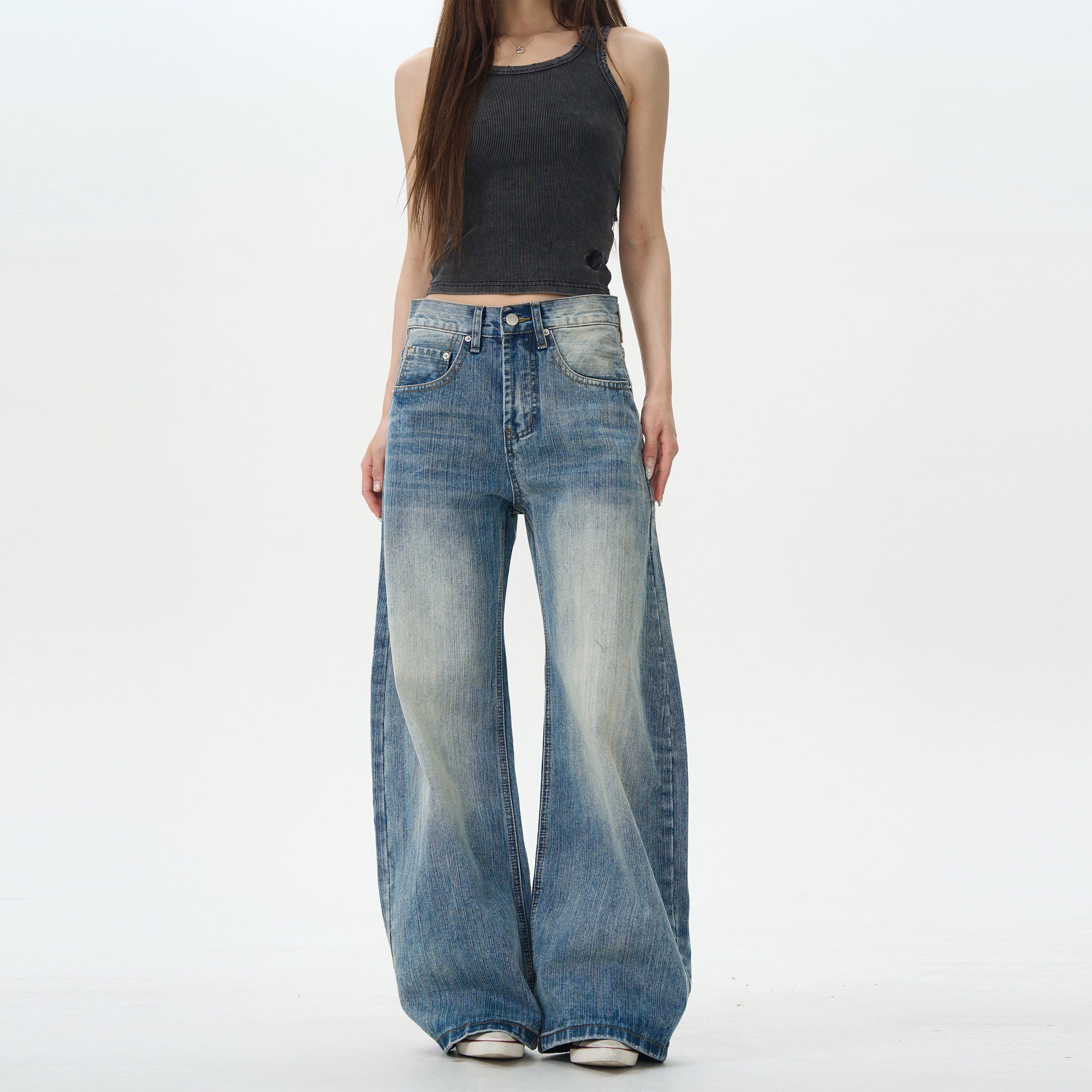 Heavy Knee Distressed Wide Leg Blue Jeans