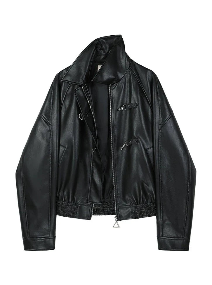 Leder umschaltet Zip Jacke schwarz